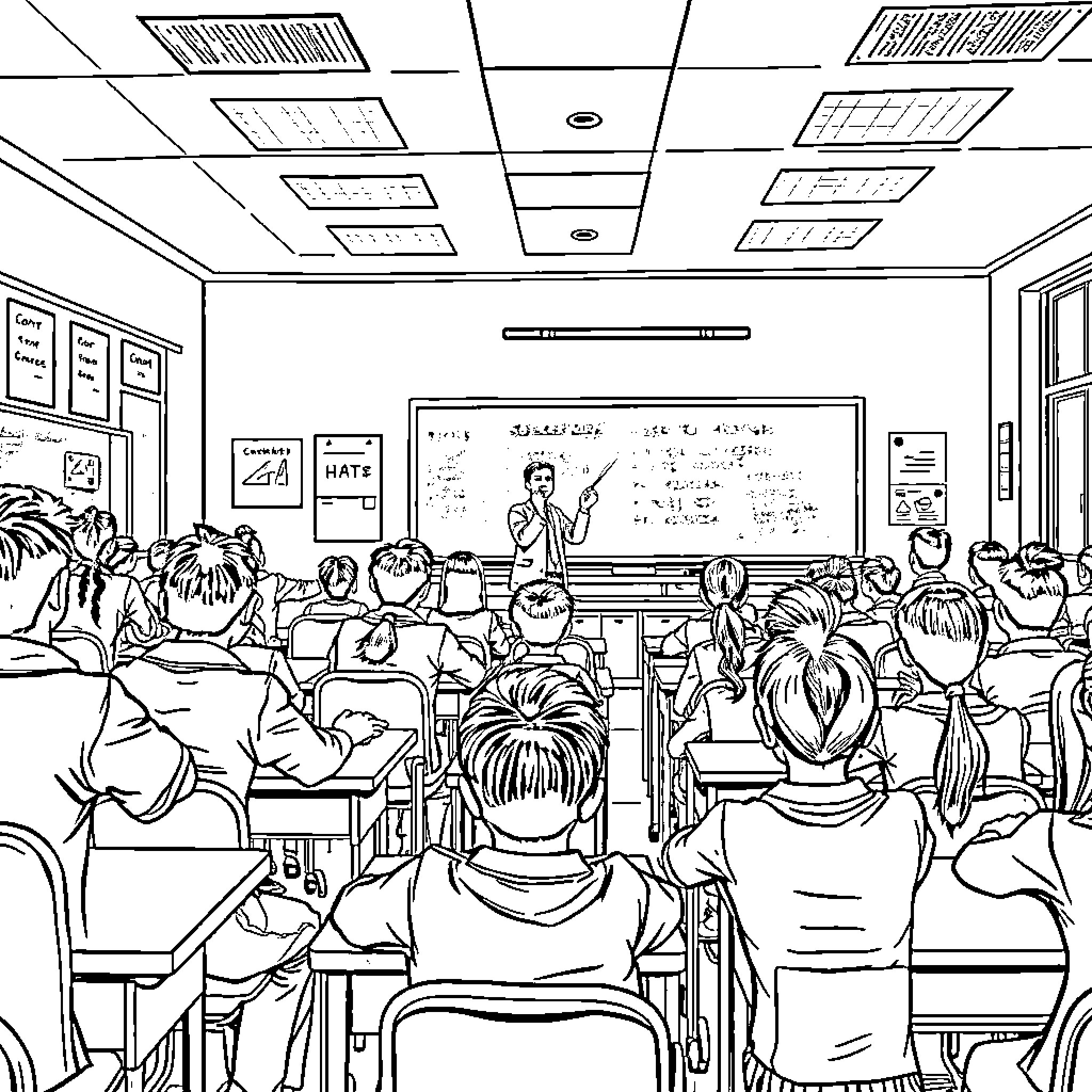 Classroom Full of Engaged Students Listening to Teacher Coloring Page (free black-and-white line drawing printable PDF for all, from beginners to advanced learners, including children, teens, adults, and seniors)