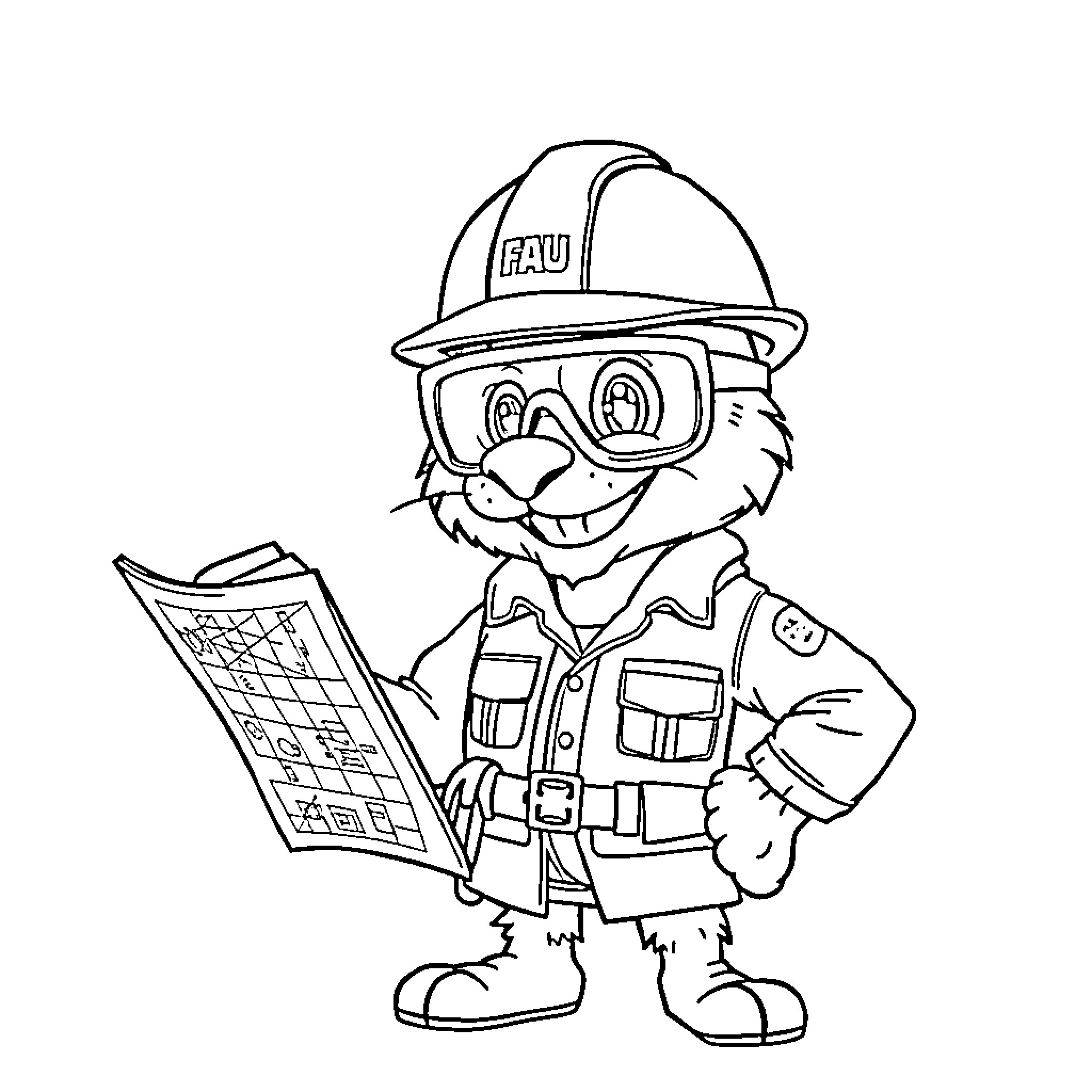 FAU Mascot Reading a Clipboard Coloring Page (free black-and-white line drawing printable PDF for all, from beginners to advanced learners, including children, teens, adults, and seniors)