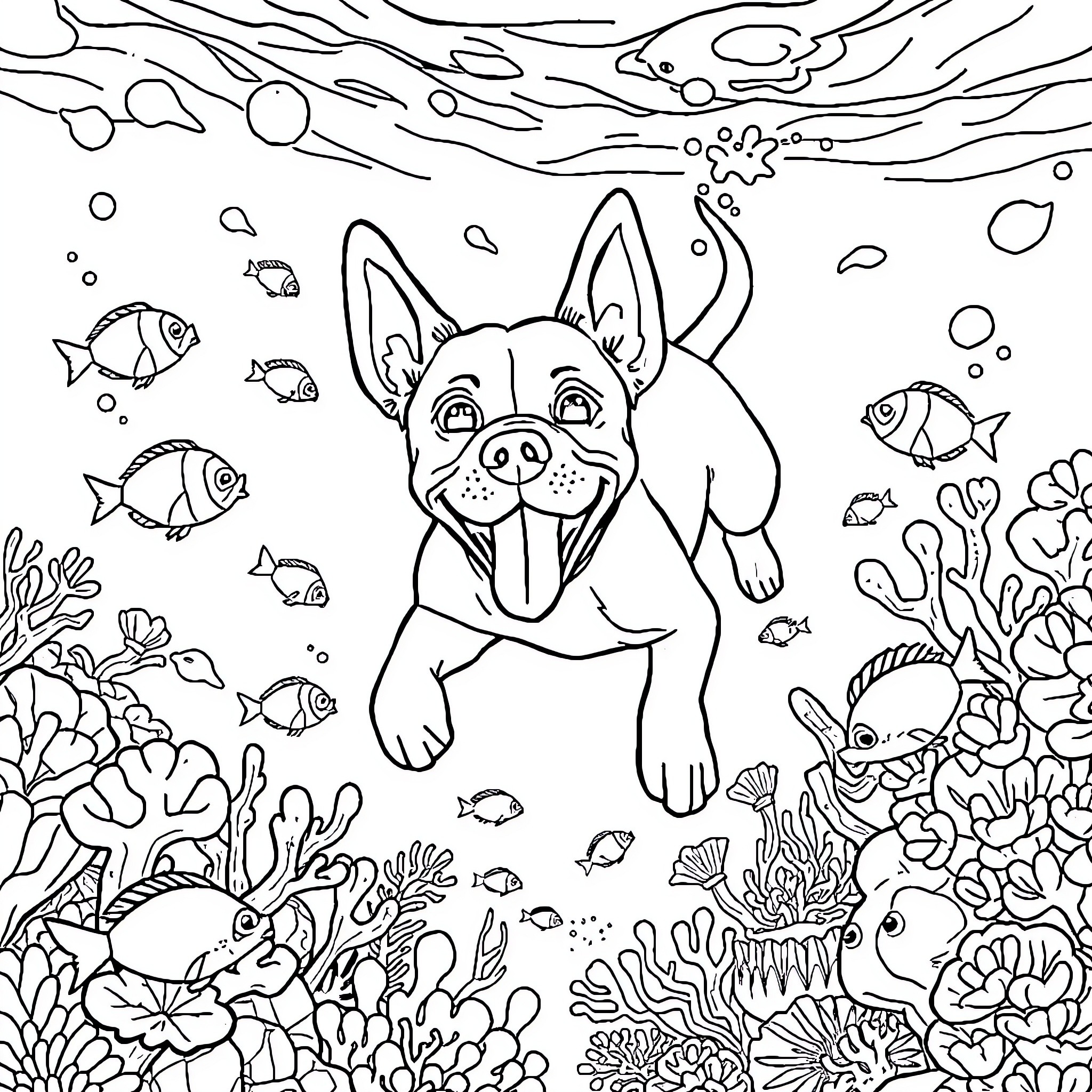 Dog exploring underwater coral reef with fish Coloring Page (free black-and-white line drawing printable PDF for all, from beginners to advanced learners, including children, teens, adults, and seniors)
