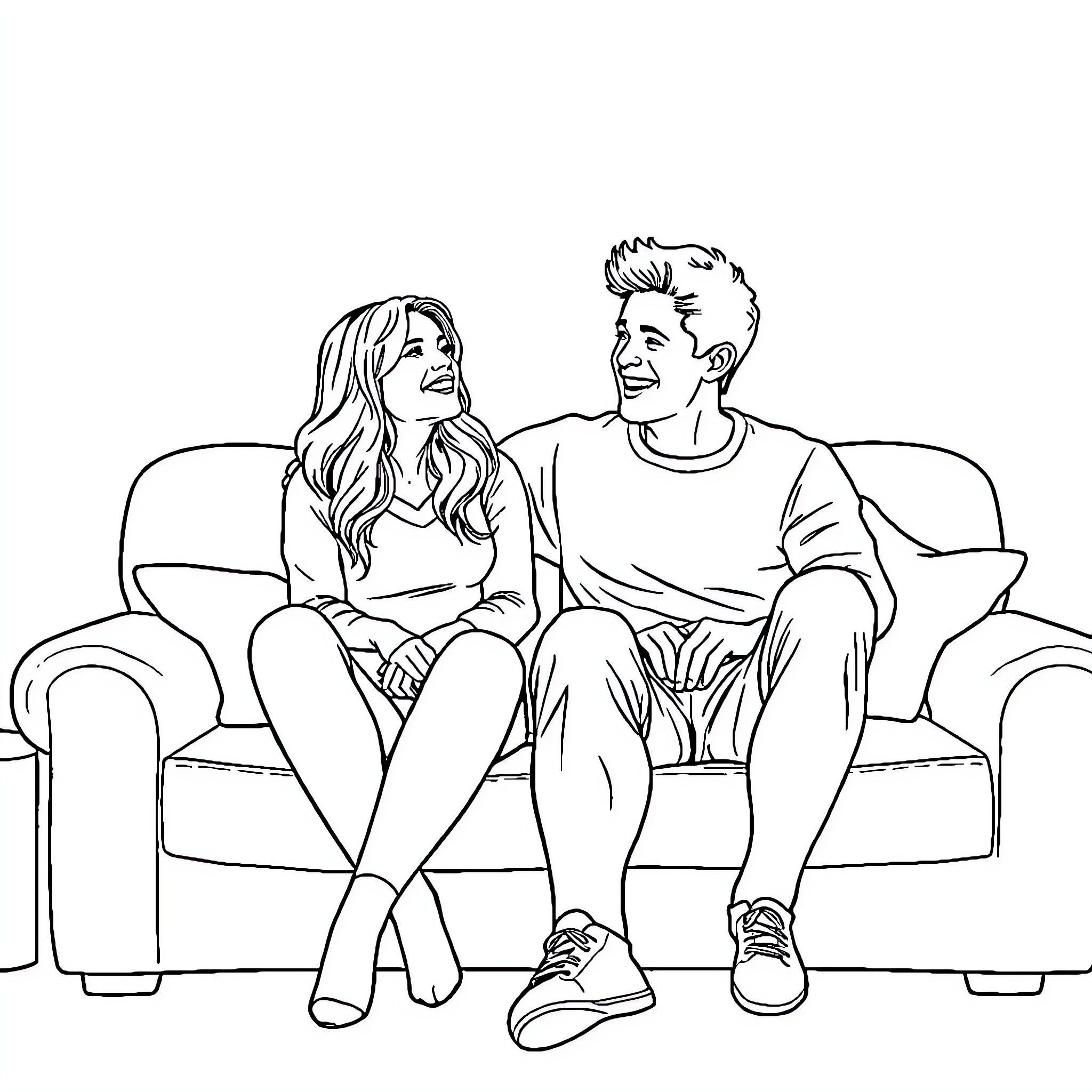 Monica and Chandler sharing a lighthearted moment Coloring Page (free black-and-white line drawing printable PDF for all, from beginners to advanced learners, including children, teens, adults, and seniors)