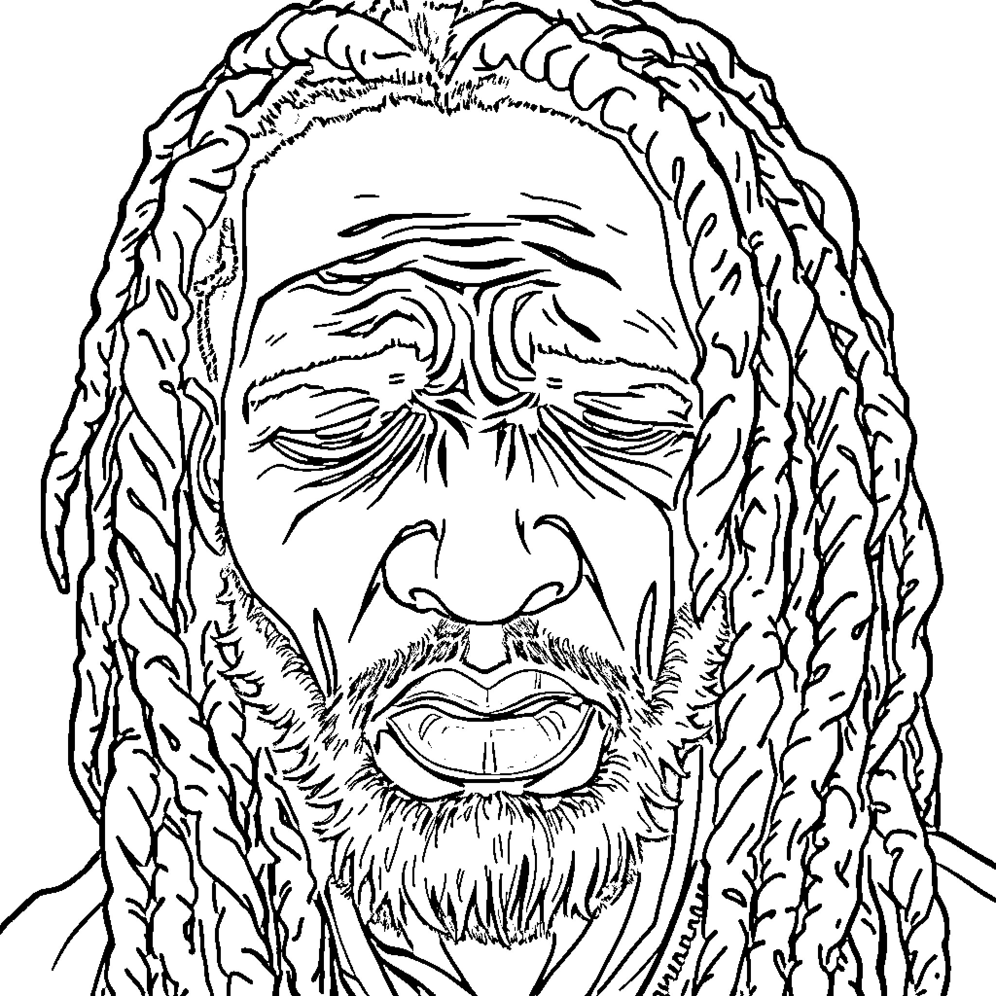 Man with Intricate Dreadlocks and Facial Features Coloring Page (free black-and-white line drawing printable PDF for all, from beginners to advanced learners, including children, teens, adults, and seniors)