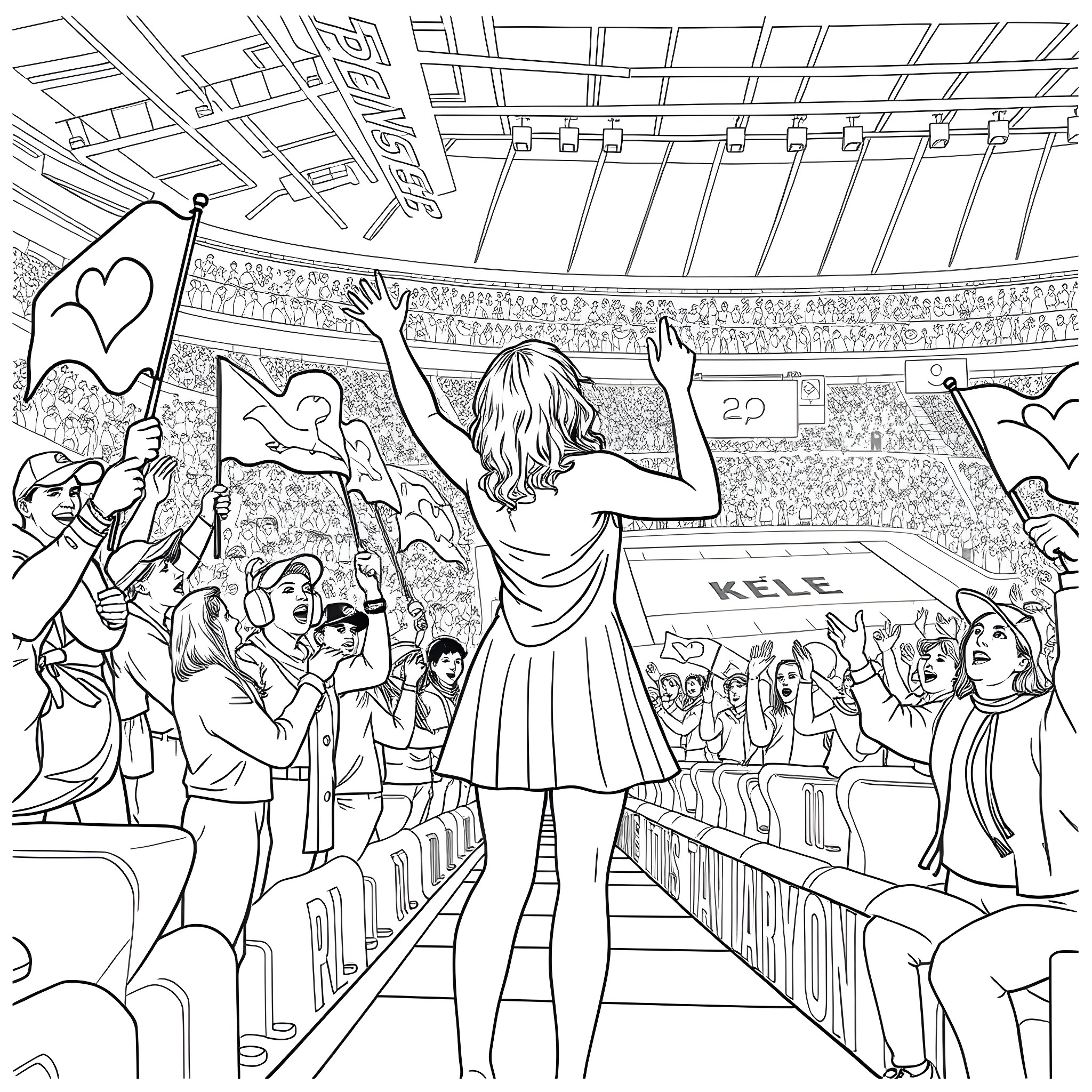 Taylor Swift performing energetically on stage with enthusiastic fans Coloring Page (free black-and-white line drawing printable PDF for all, from beginners to advanced learners, including children, teens, adults, and seniors)
