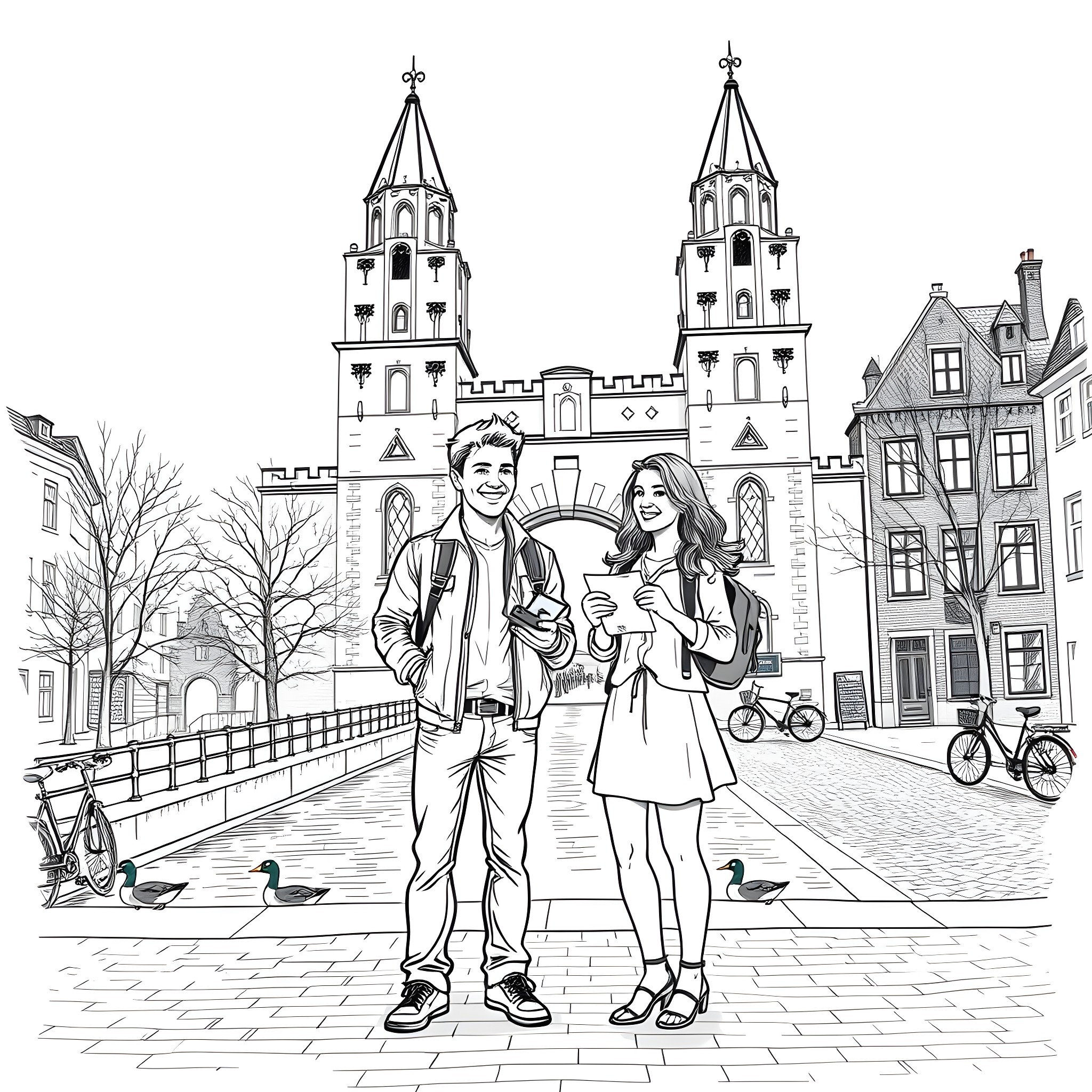 Traveler couple exploring historic city center Coloring Page (free black-and-white line drawing printable PDF for all, from beginners to advanced learners, including children, teens, adults, and seniors)