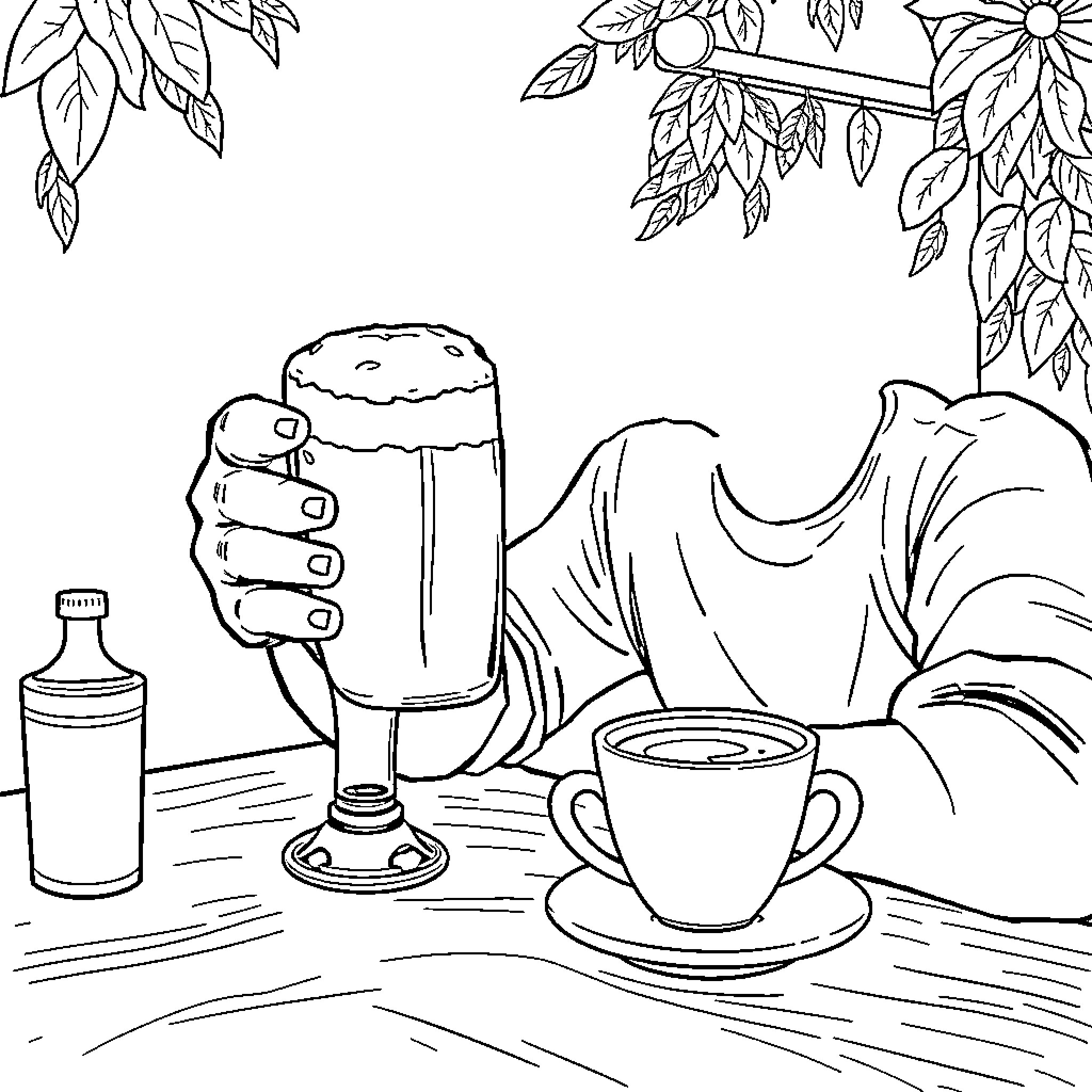 Cerveza - Relaxing Outdoor Café Scene Coloring Page (free black-and-white line drawing printable PDF for all, from beginners to advanced learners, including children, teens, adults, and seniors)