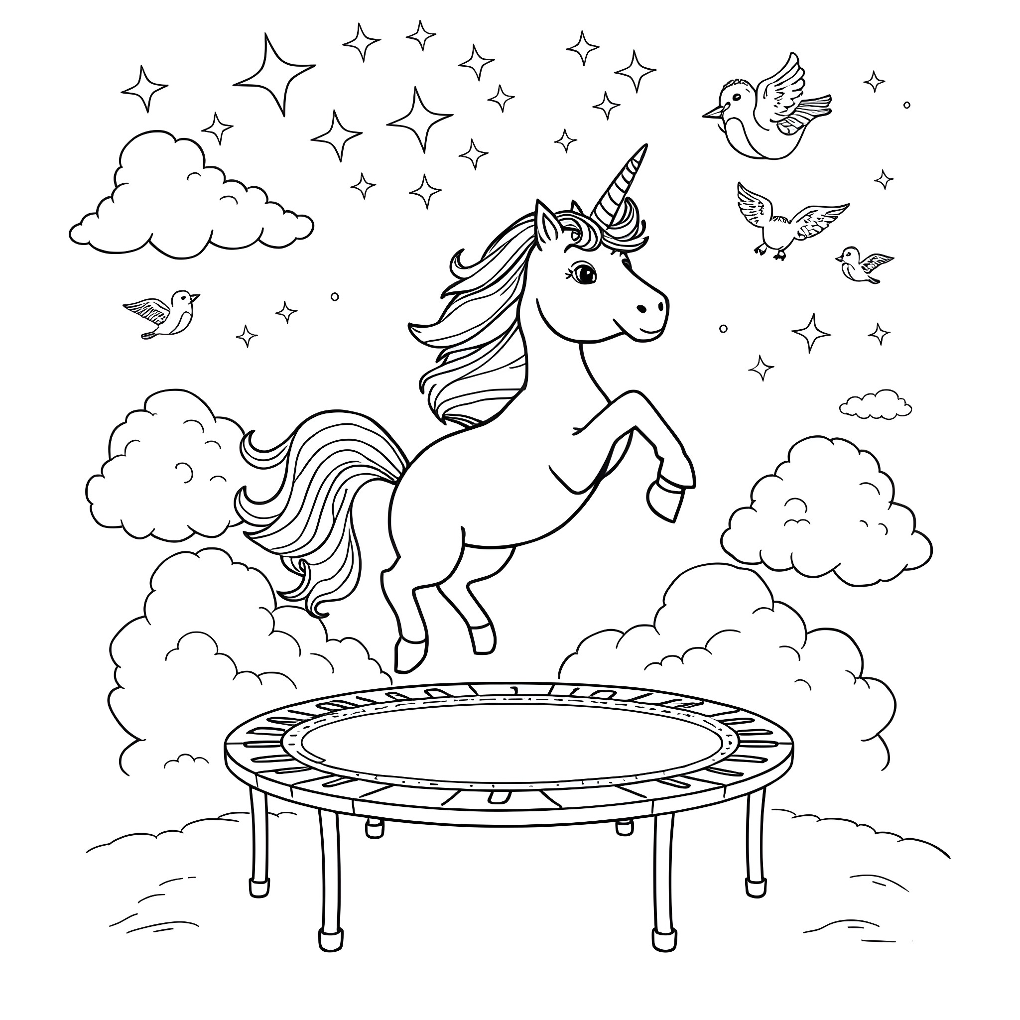 Unicorn jumping happily on trampoline with birds Coloring Page (free black-and-white line drawing printable PDF for all, from beginners to advanced learners, including children, teens, adults, and seniors)