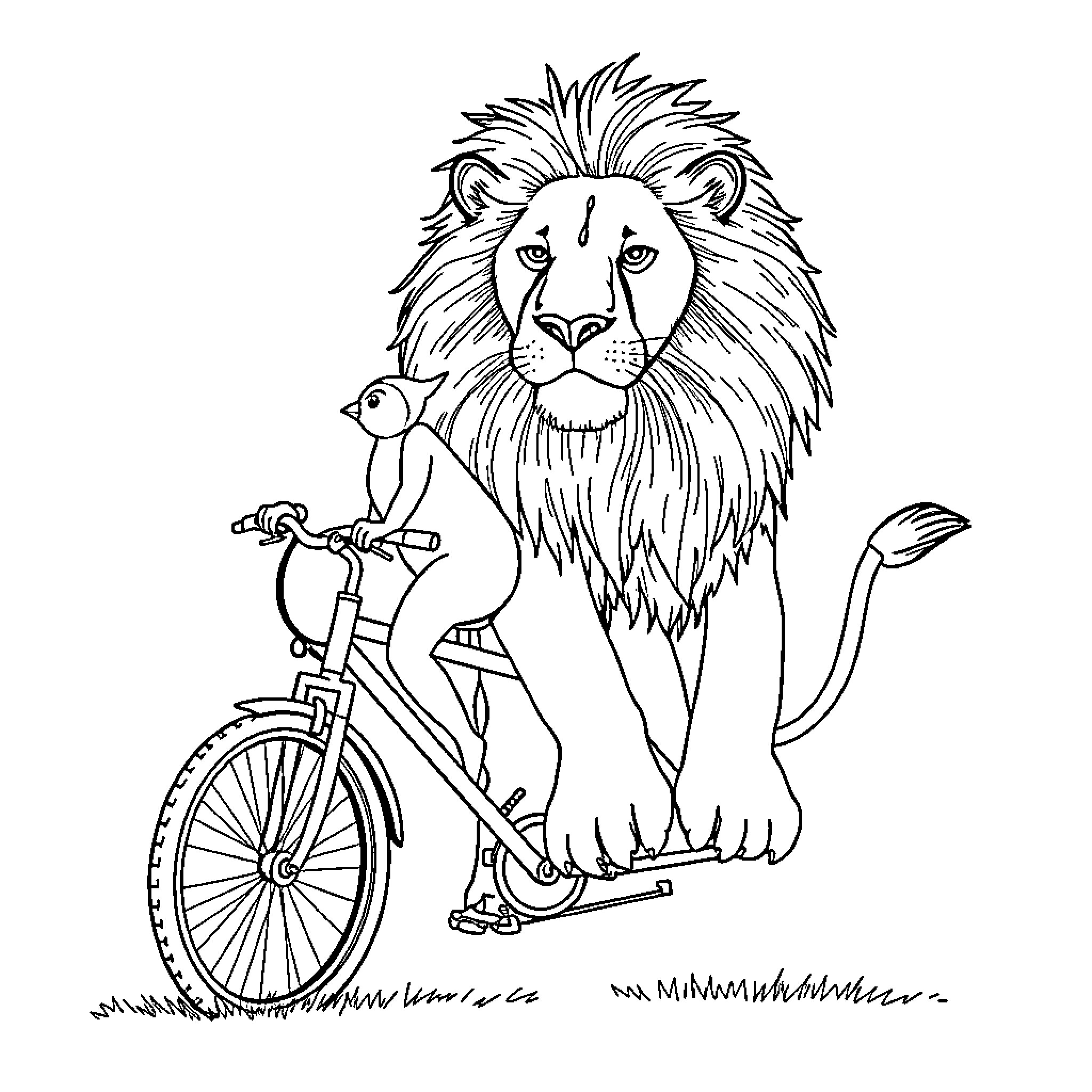 Carrot the Lion Riding a Bicycle Coloring Page (free black-and-white line drawing printable PDF for all, from beginners to advanced learners, including children, teens, adults, and seniors)