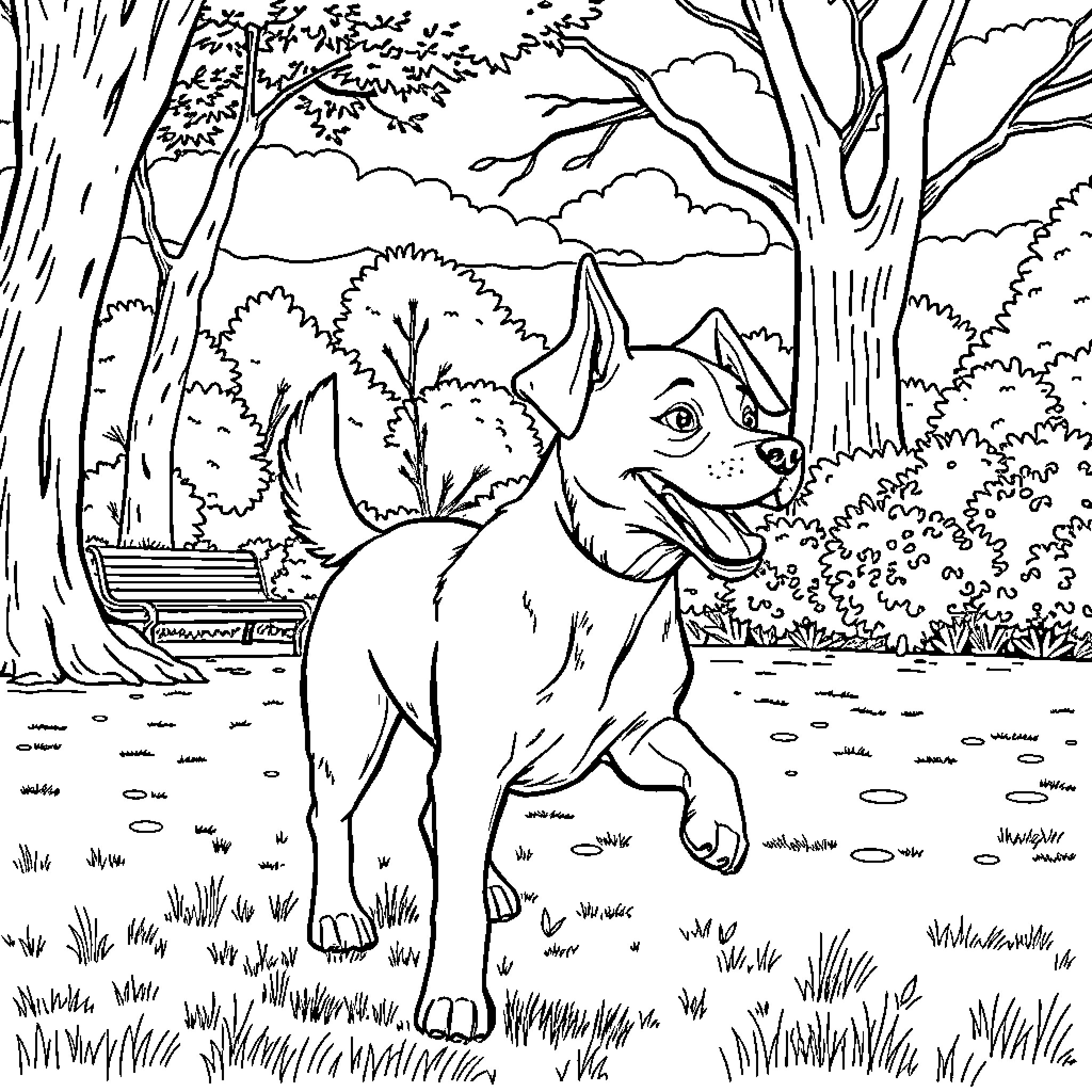 Dog enjoying the outdoors in nature Coloring Page (free black-and-white line drawing printable PDF for all, from beginners to advanced learners, including children, teens, adults, and seniors)