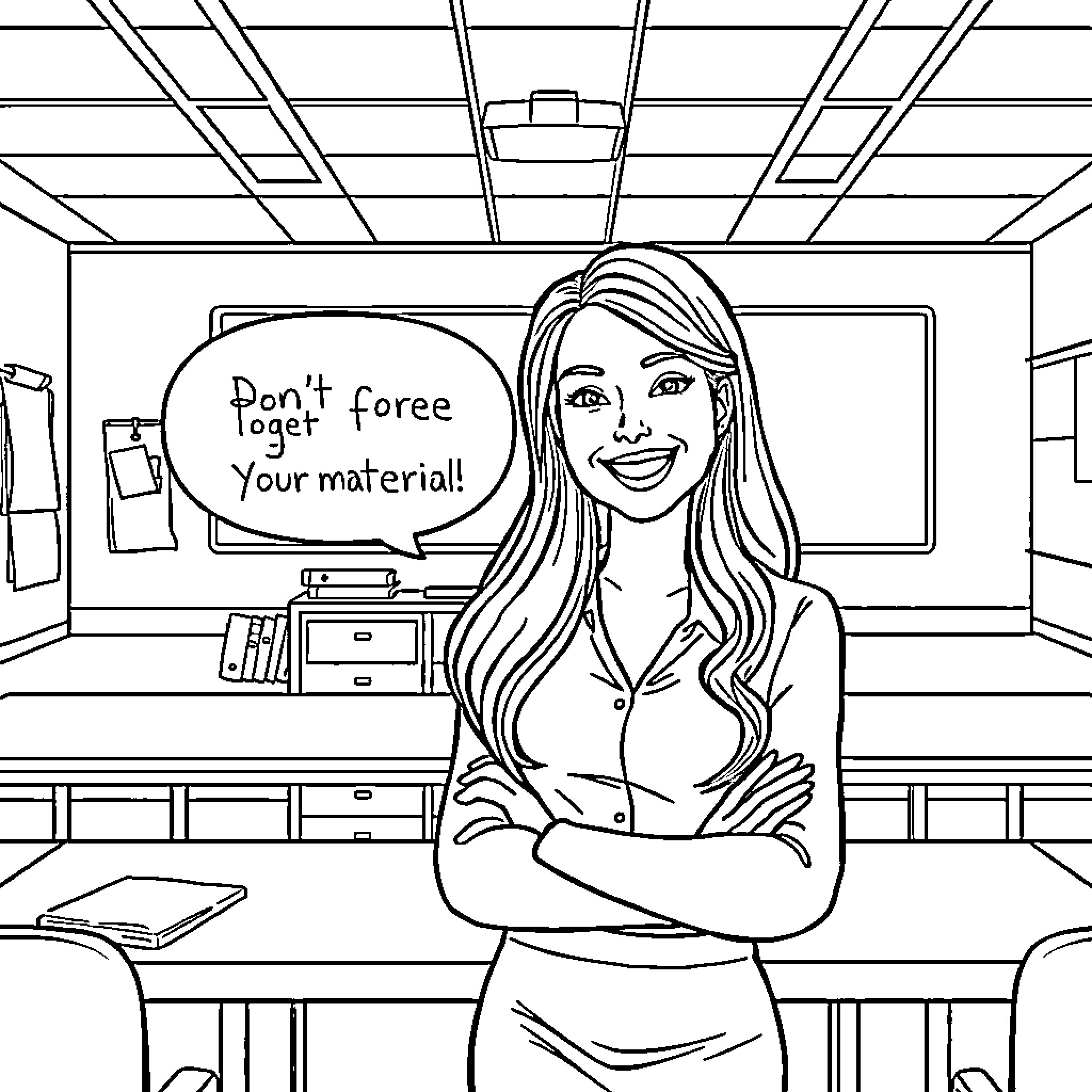 Teacher Encouraging Students in Classroom Coloring Page (free black-and-white line drawing printable PDF for all, from beginners to advanced learners, including children, teens, adults, and seniors)