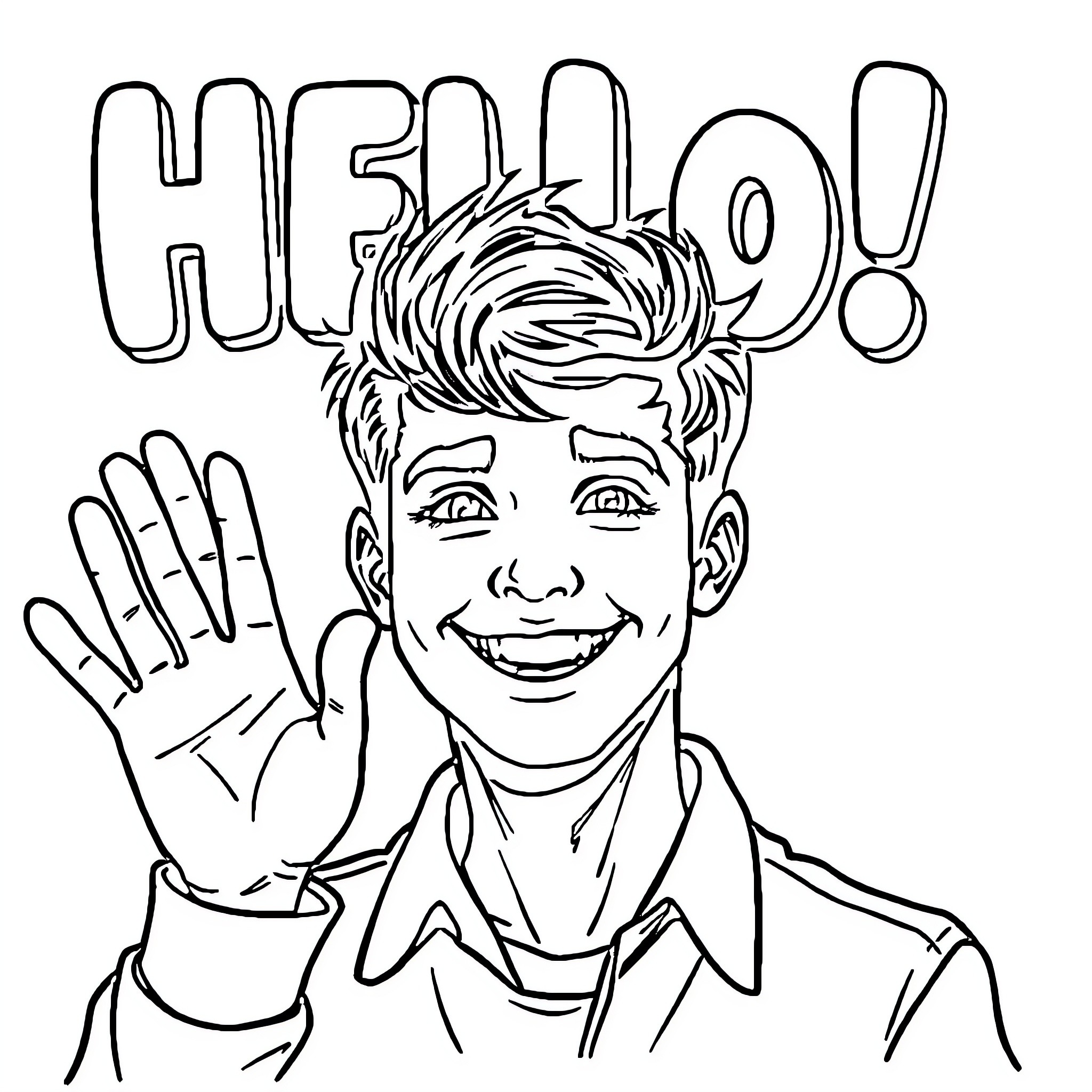 Guy greeting and waving hello cheerfully Coloring Page (free black-and-white line drawing printable PDF for all, from beginners to advanced learners, including children, teens, adults, and seniors)