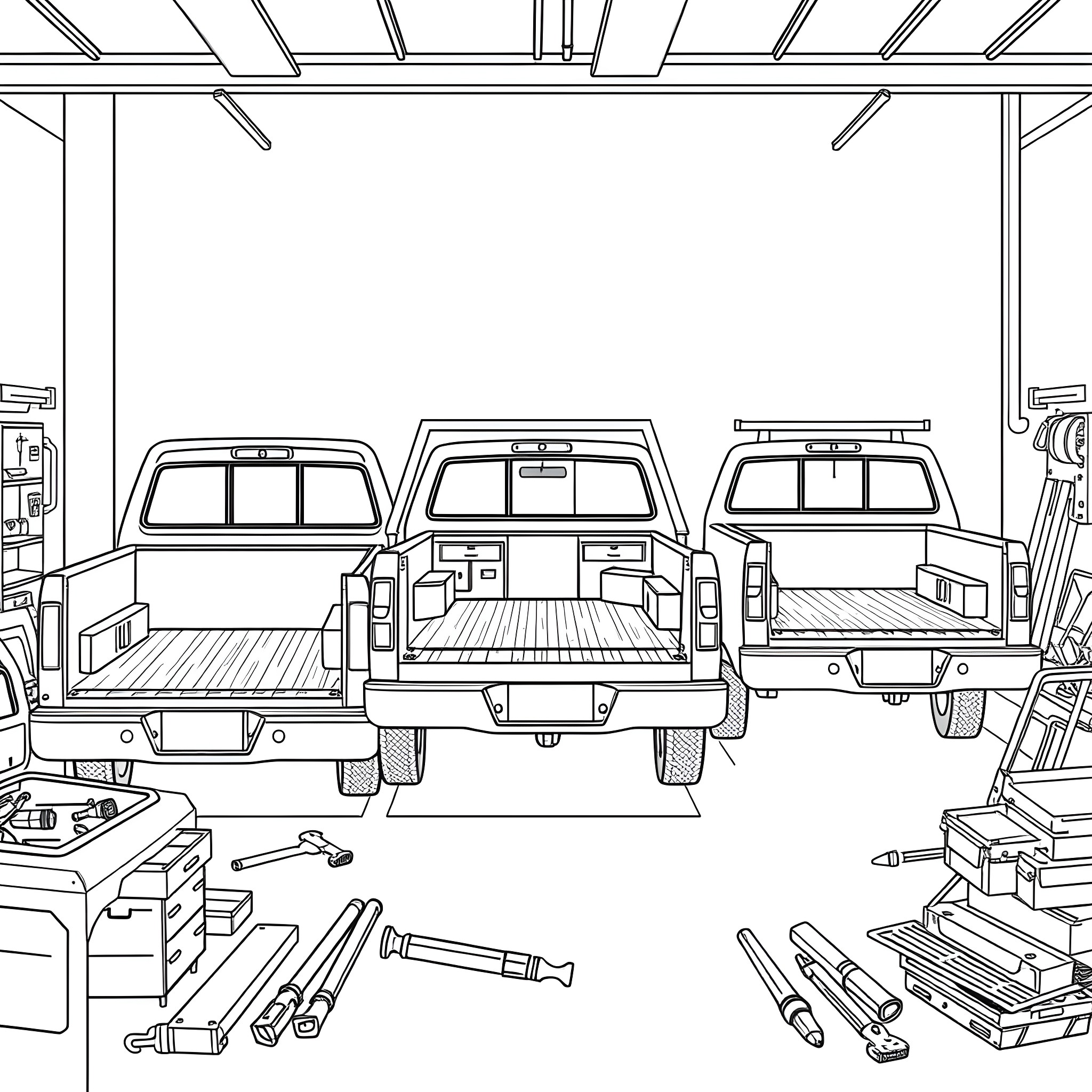 Service Pickup Bed Lineup with Tools Coloring Page (free black-and-white line drawing printable PDF for all, from beginners to advanced learners, including children, teens, adults, and seniors)