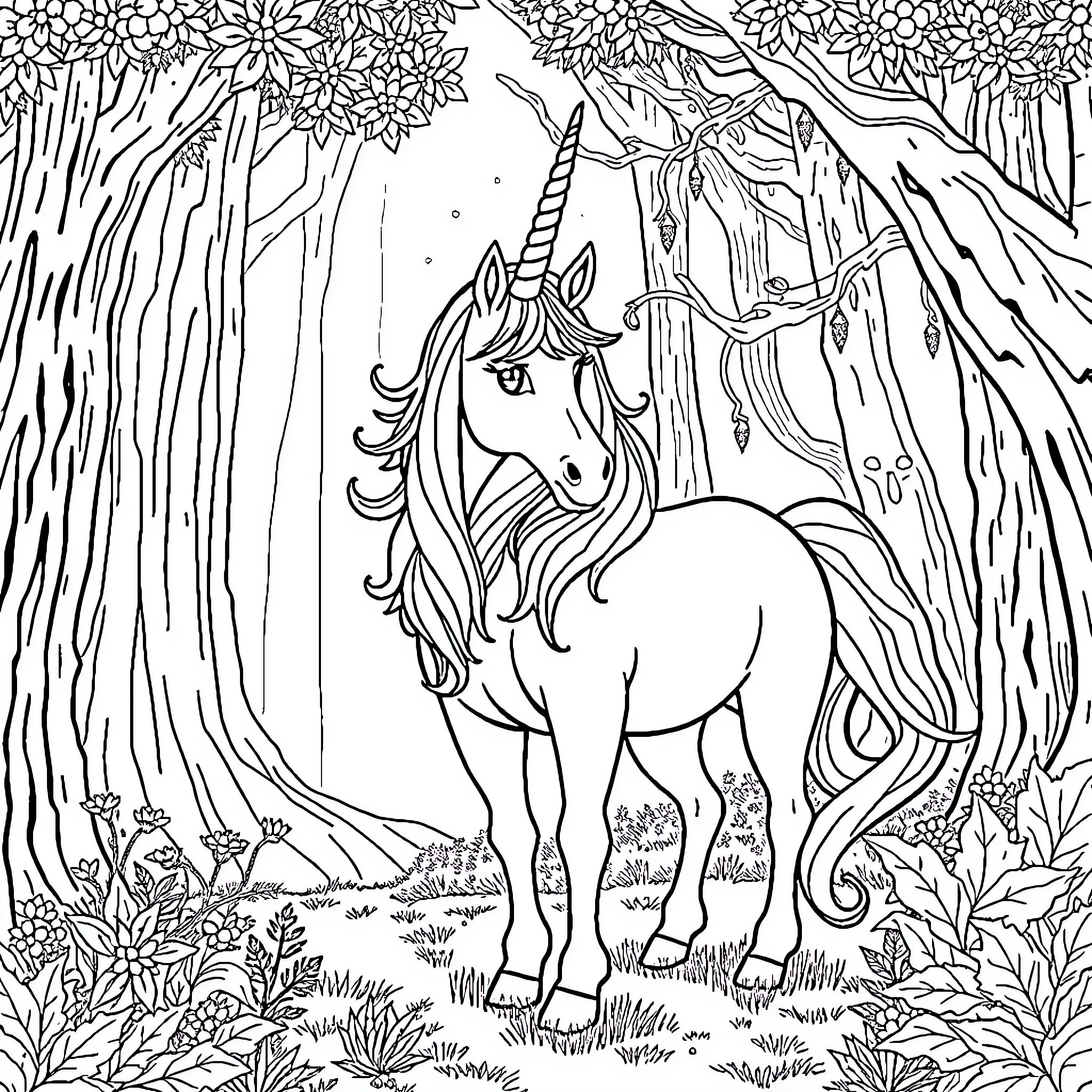 Huntress Unicorn in Enchanted Forest Coloring Page (free black-and-white line drawing printable PDF for all, from beginners to advanced learners, including children, teens, adults, and seniors)