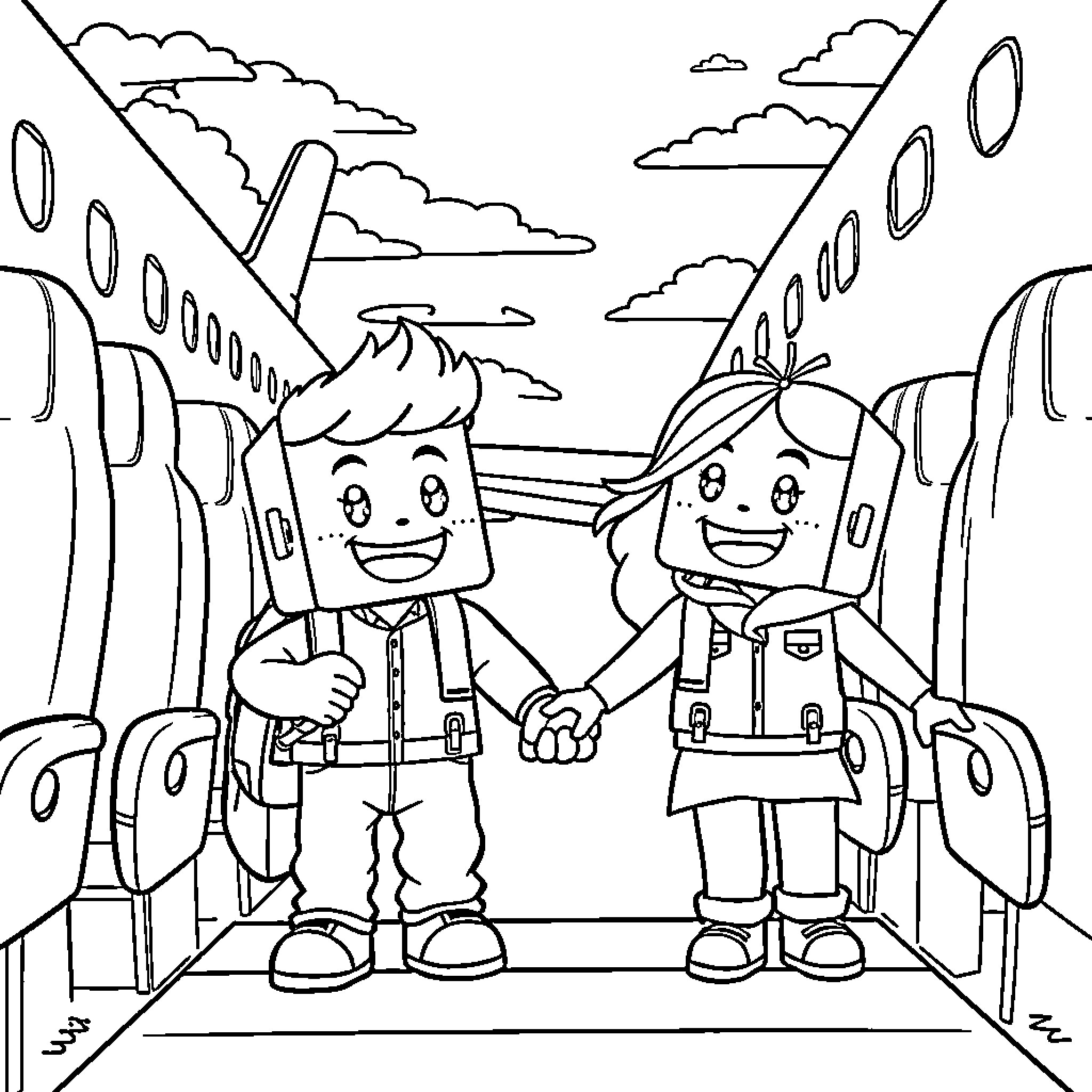 Numberblocks friends exploring the airplane Coloring Page (free black-and-white line drawing printable PDF for all, from beginners to advanced learners, including children, teens, adults, and seniors)
