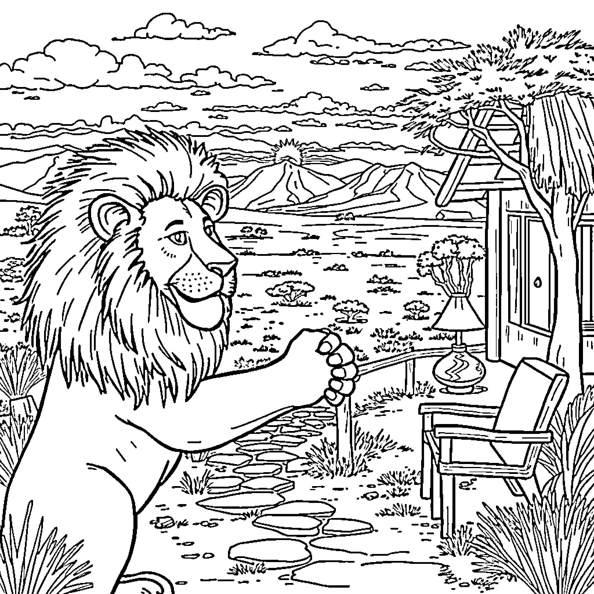 Lion Observing the Scenic Landscape Coloring Page (free black-and-white line drawing printable PDF for all, from beginners to advanced learners, including children, teens, adults, and seniors)