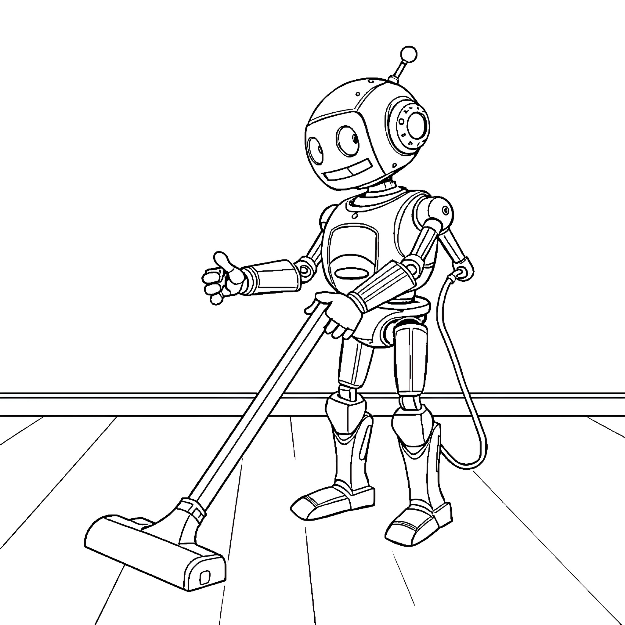 Robot Cleaning the Floor with Vacuum Coloring Page (free black-and-white line drawing printable PDF for all, from beginners to advanced learners, including children, teens, adults, and seniors)