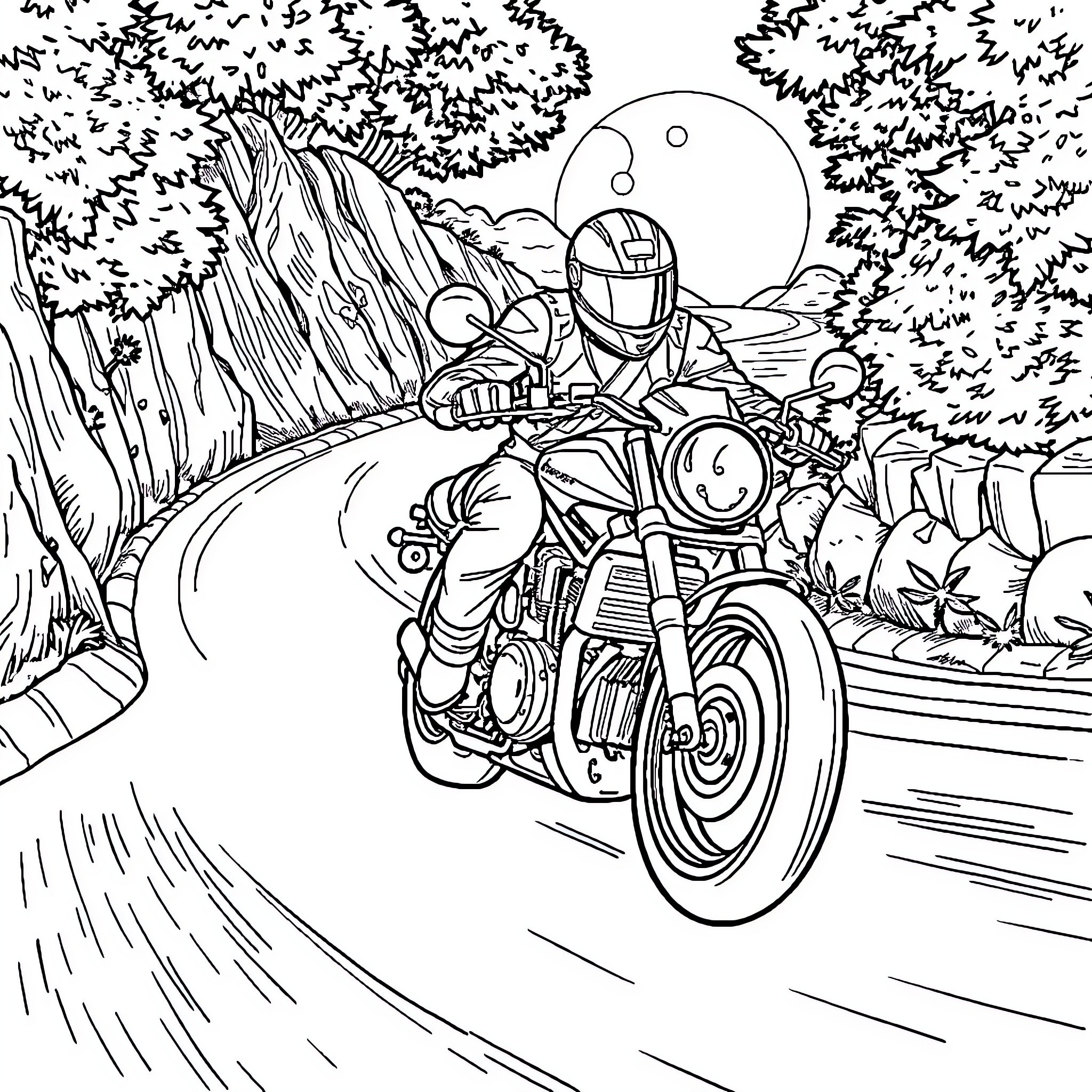 Vegueta's Midnight Motorcycle Ride Through the Forest Coloring Page (free black-and-white line drawing printable PDF for all, from beginners to advanced learners, including children, teens, adults, and seniors)