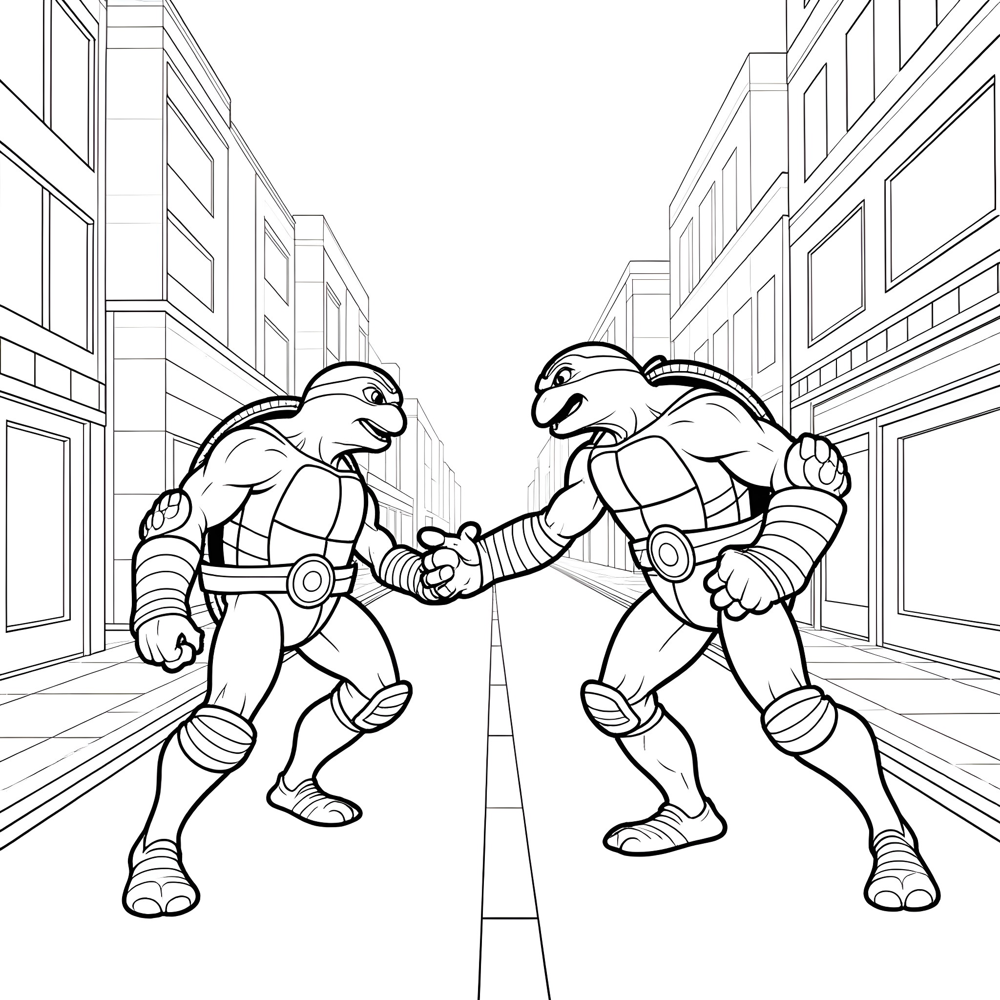 Teenage Mutant Ninja Turtles Fighting in the City Streets Coloring Page (free black-and-white line drawing printable PDF for all, from beginners to advanced learners, including children, teens, adults, and seniors)