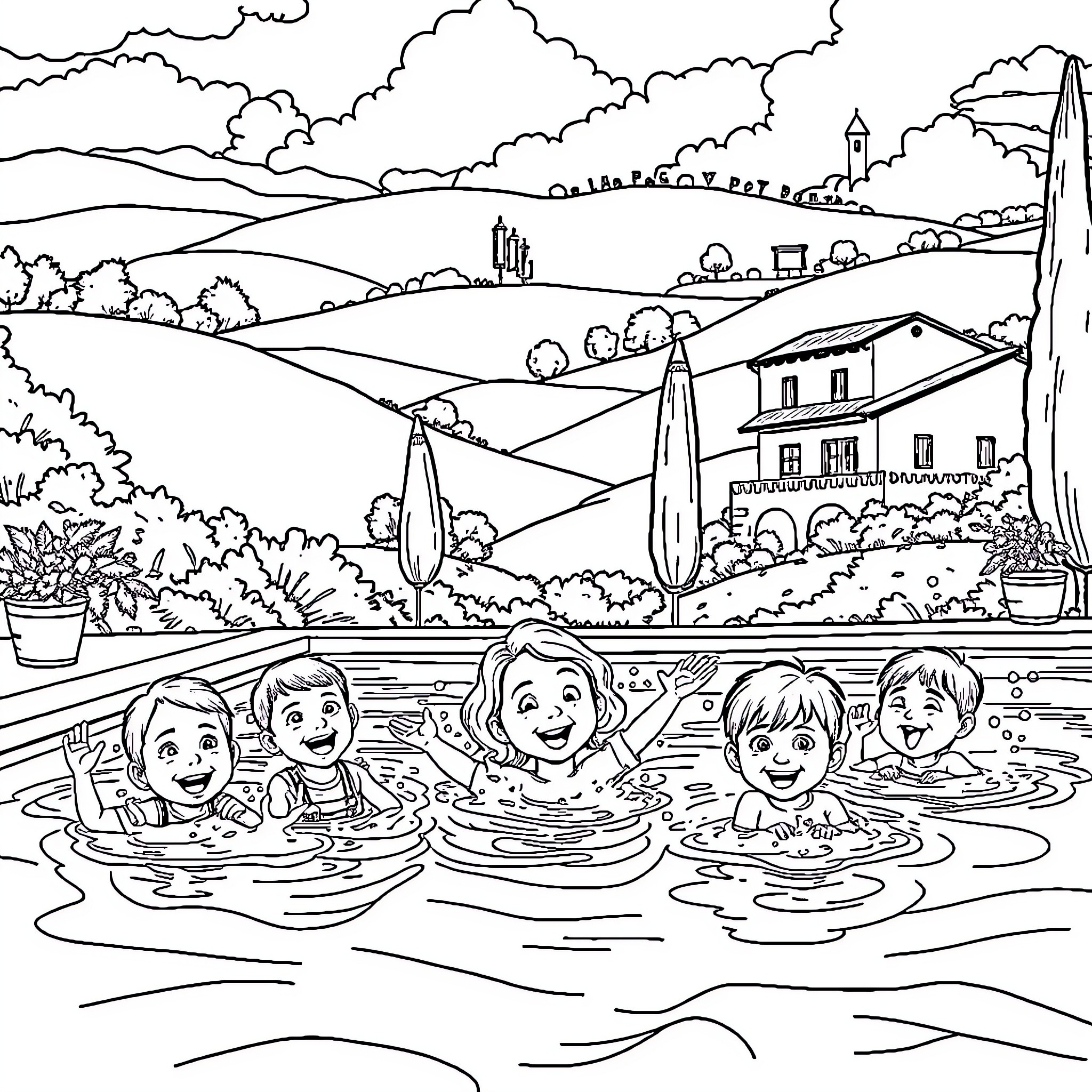 Kids enjoying a swim in the countryside pool Coloring Page (free black-and-white line drawing printable PDF for all, from beginners to advanced learners, including children, teens, adults, and seniors)