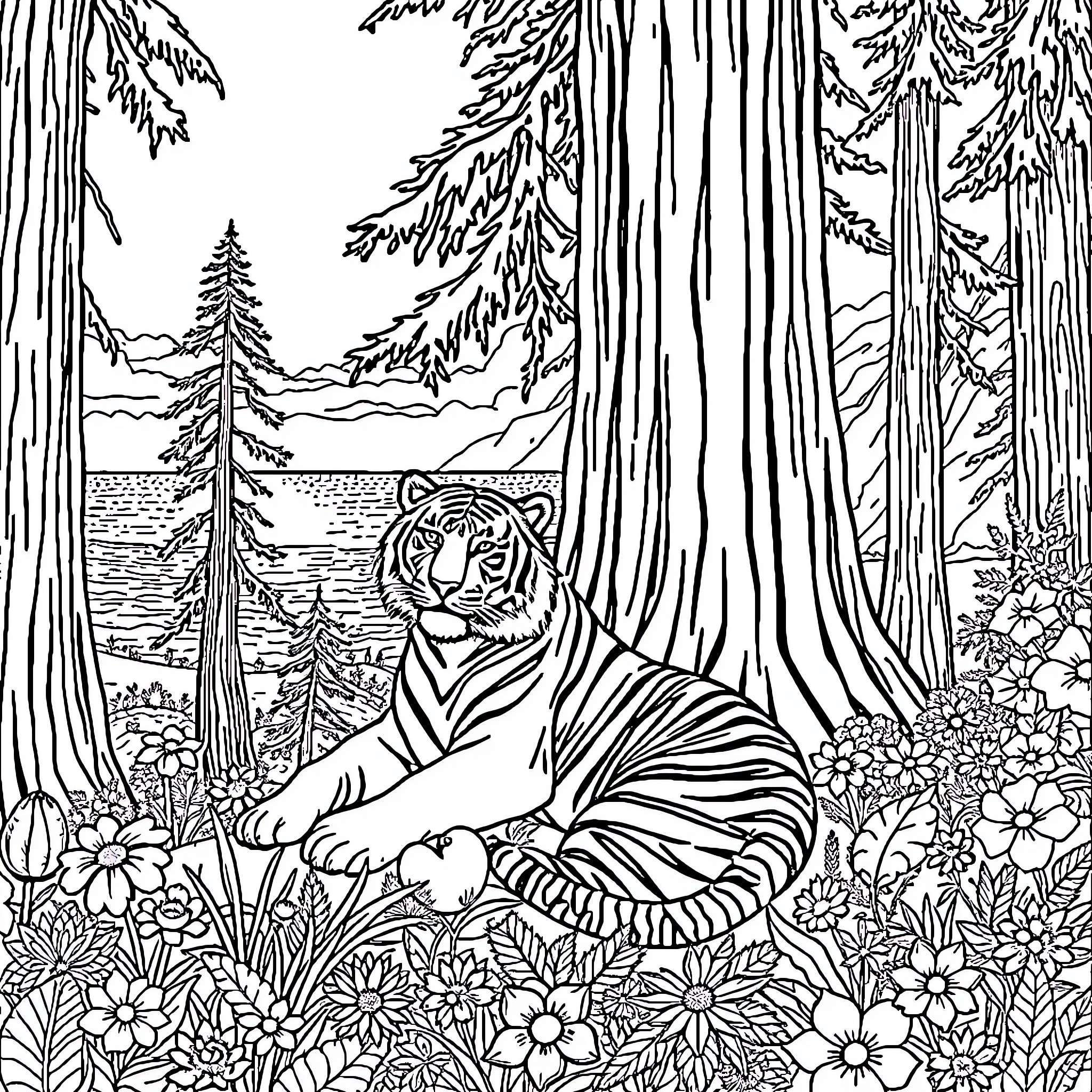 Tiger Resting in Lush Forest Meadow Coloring Page (free black-and-white line drawing printable PDF for all, from beginners to advanced learners, including children, teens, adults, and seniors)
