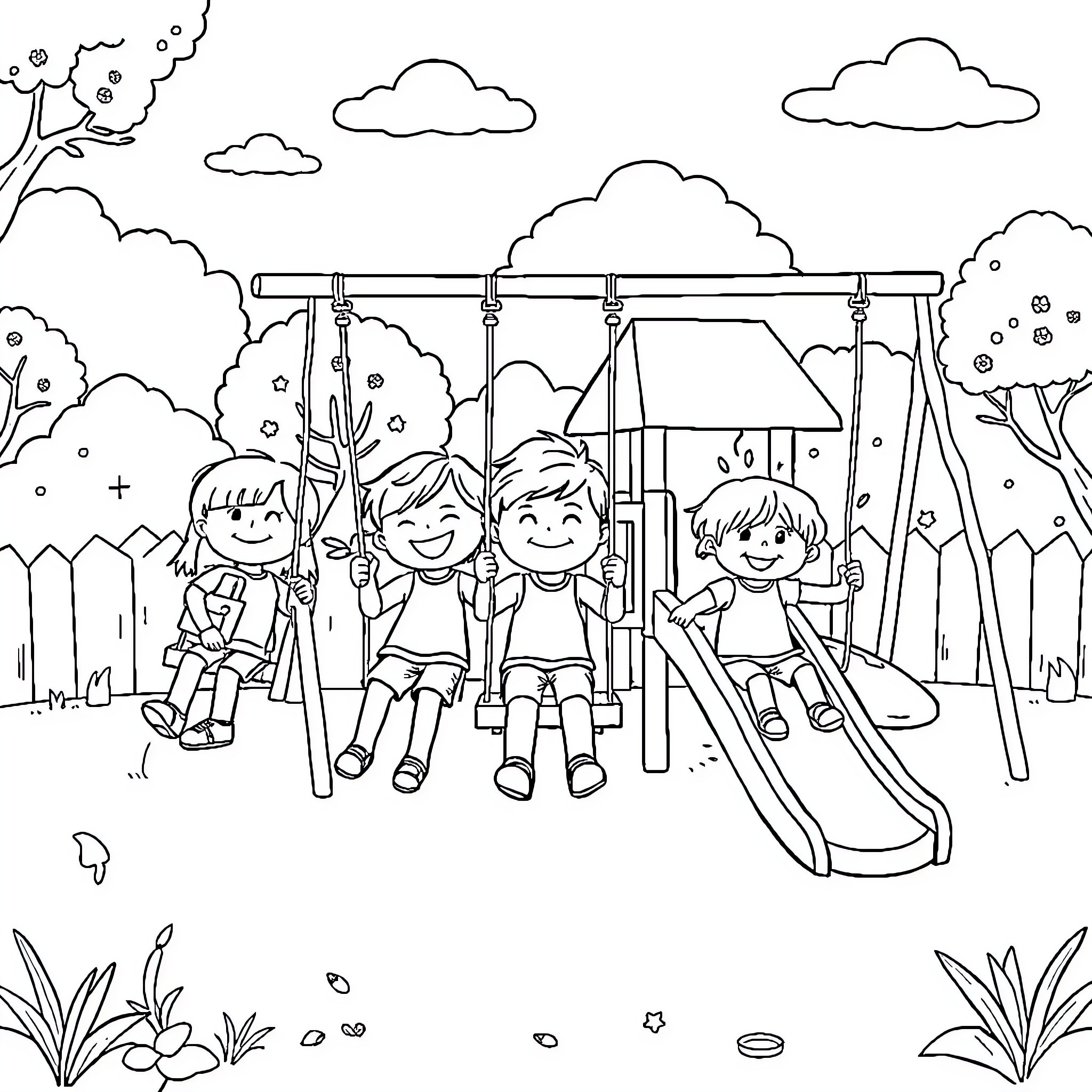 Kids playing joyfully on playground equipment Coloring Page (free black-and-white line drawing printable PDF for all, from beginners to advanced learners, including children, teens, adults, and seniors)