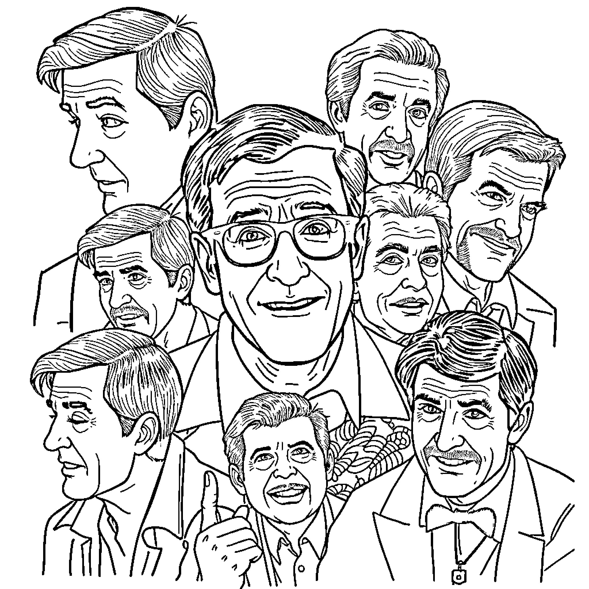 Robin Williams and his fellow comedic actors in black and white Coloring Page (free black-and-white line drawing printable PDF for all, from beginners to advanced learners, including children, teens, adults, and seniors)