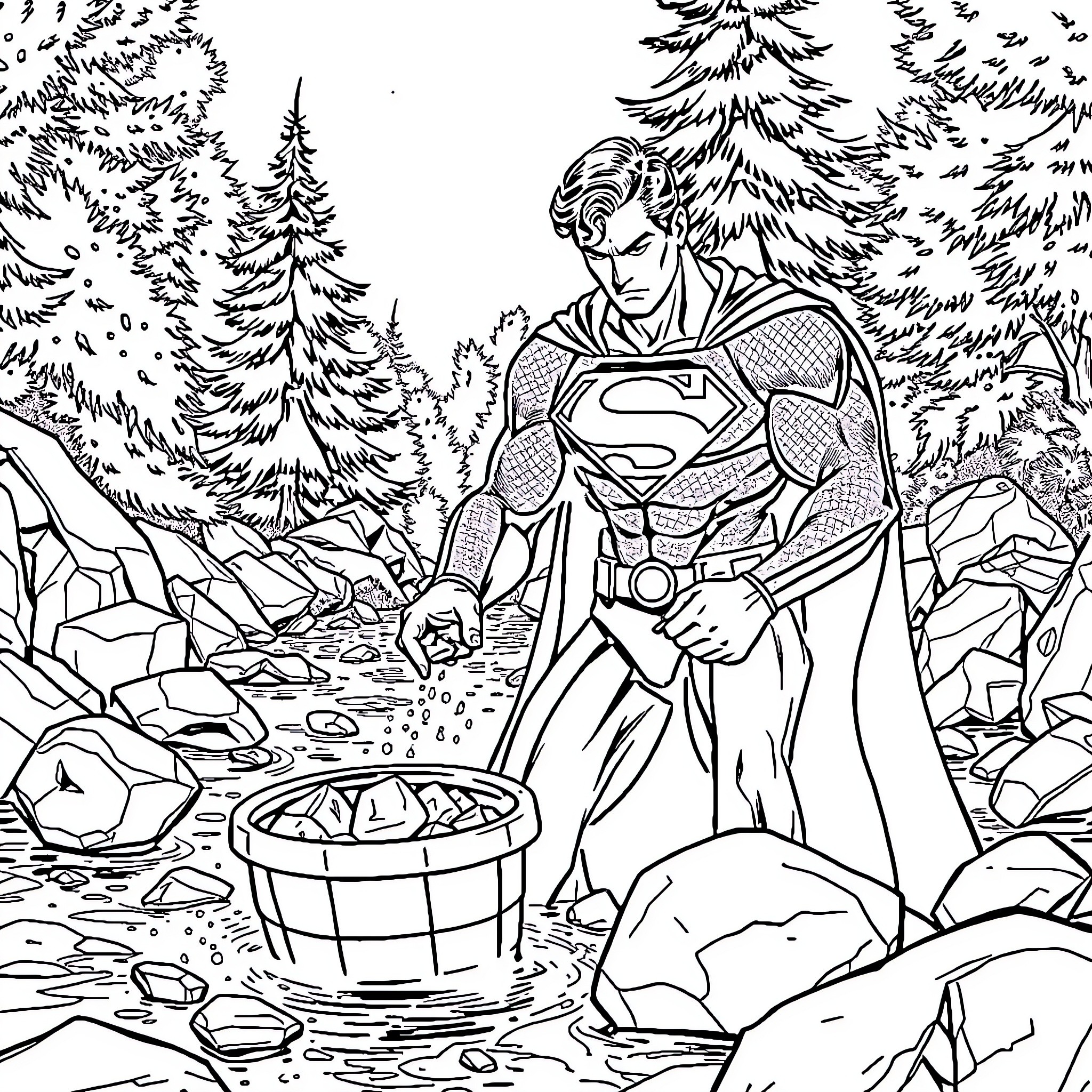 Superman in an outdoor adventure scene Coloring Page (free black-and-white line drawing printable PDF for all, from beginners to advanced learners, including children, teens, adults, and seniors)