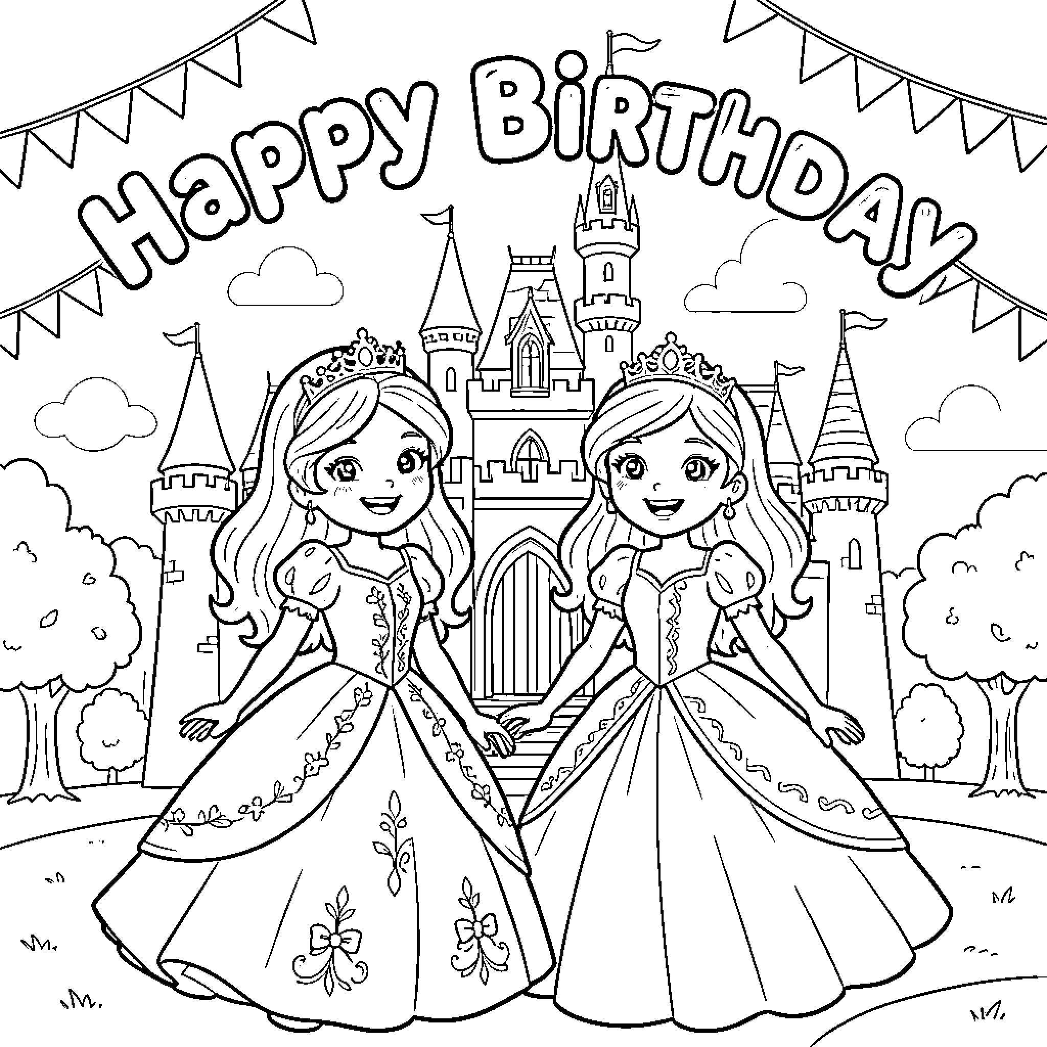 Princess Celebrating Their Special Day in a Castle Coloring Page (free black-and-white line drawing printable PDF for all, from beginners to advanced learners, including children, teens, adults, and seniors)