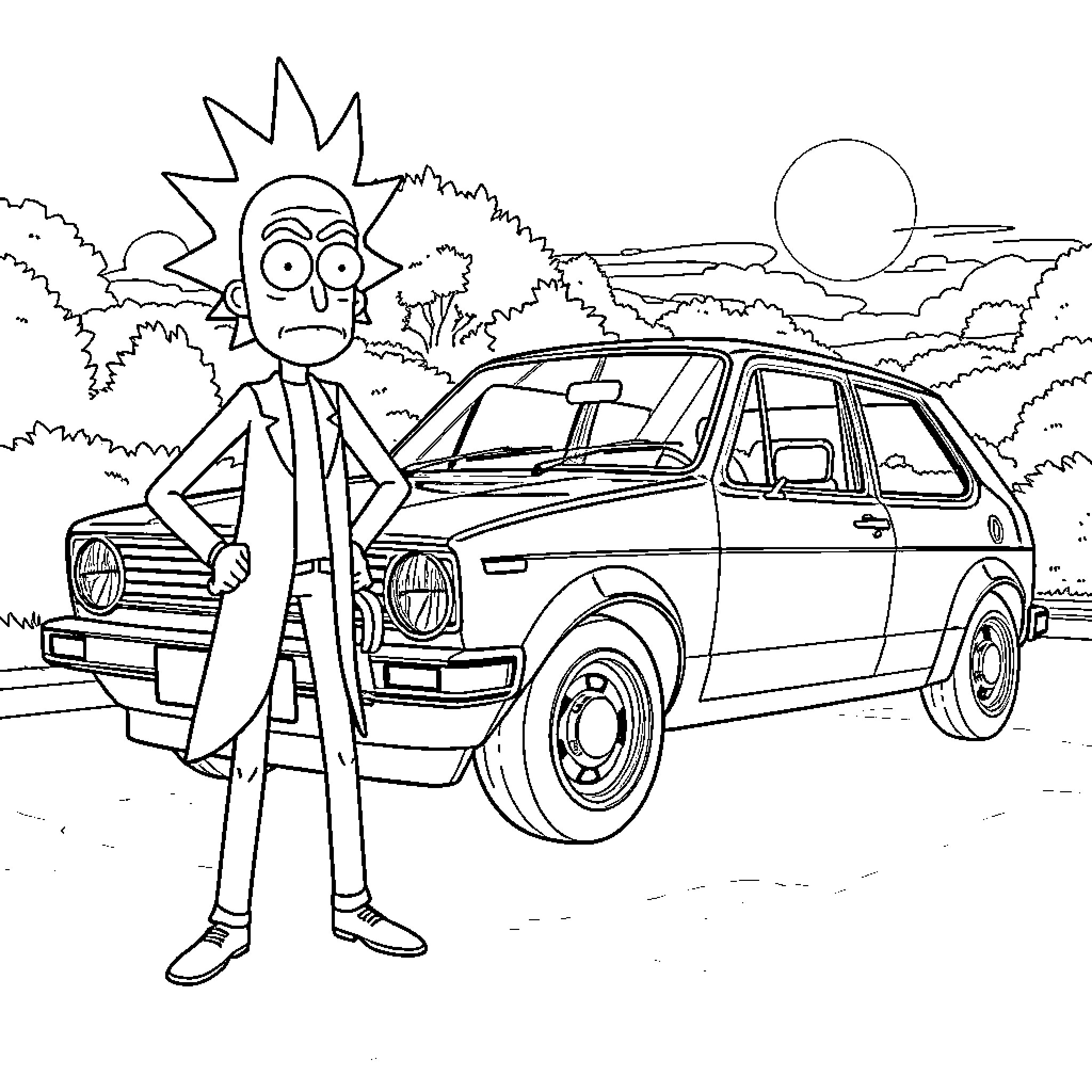 Rick's Bizarre Car Adventure Coloring Page (free black-and-white line drawing printable PDF for all, from beginners to advanced learners, including children, teens, adults, and seniors)