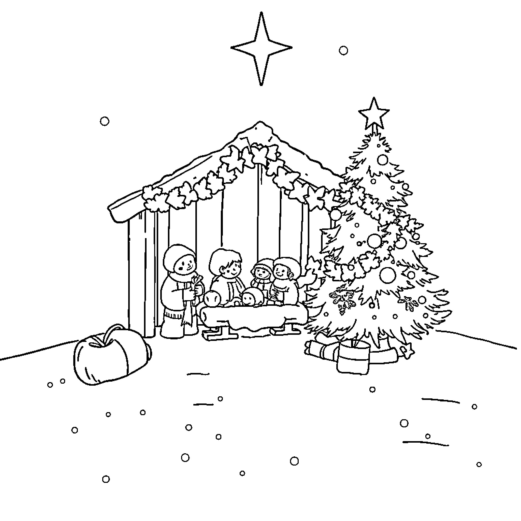 Christmas Family Gathering by the Tree Coloring Page (free black-and-white line drawing printable PDF for all, from beginners to advanced learners, including children, teens, adults, and seniors)