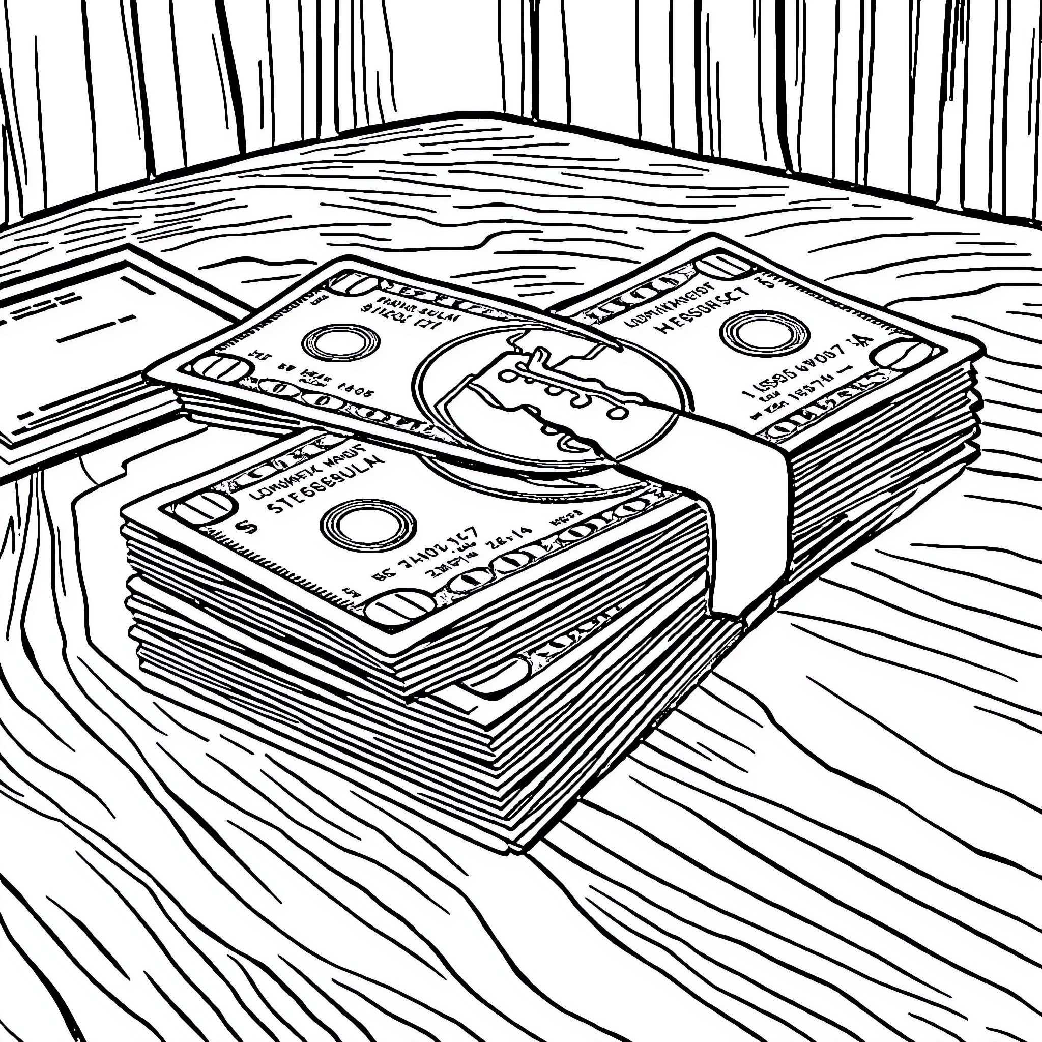Money stacked on wooden surface Coloring Page (free black-and-white line drawing printable PDF for all, from beginners to advanced learners, including children, teens, adults, and seniors)