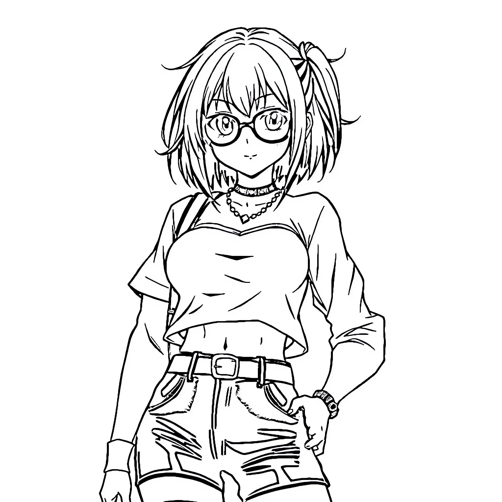 Anime Girl in Casual Outfit with Glasses Coloring Page (free black-and-white line drawing printable PDF for all, from beginners to advanced learners, including children, teens, adults, and seniors)
