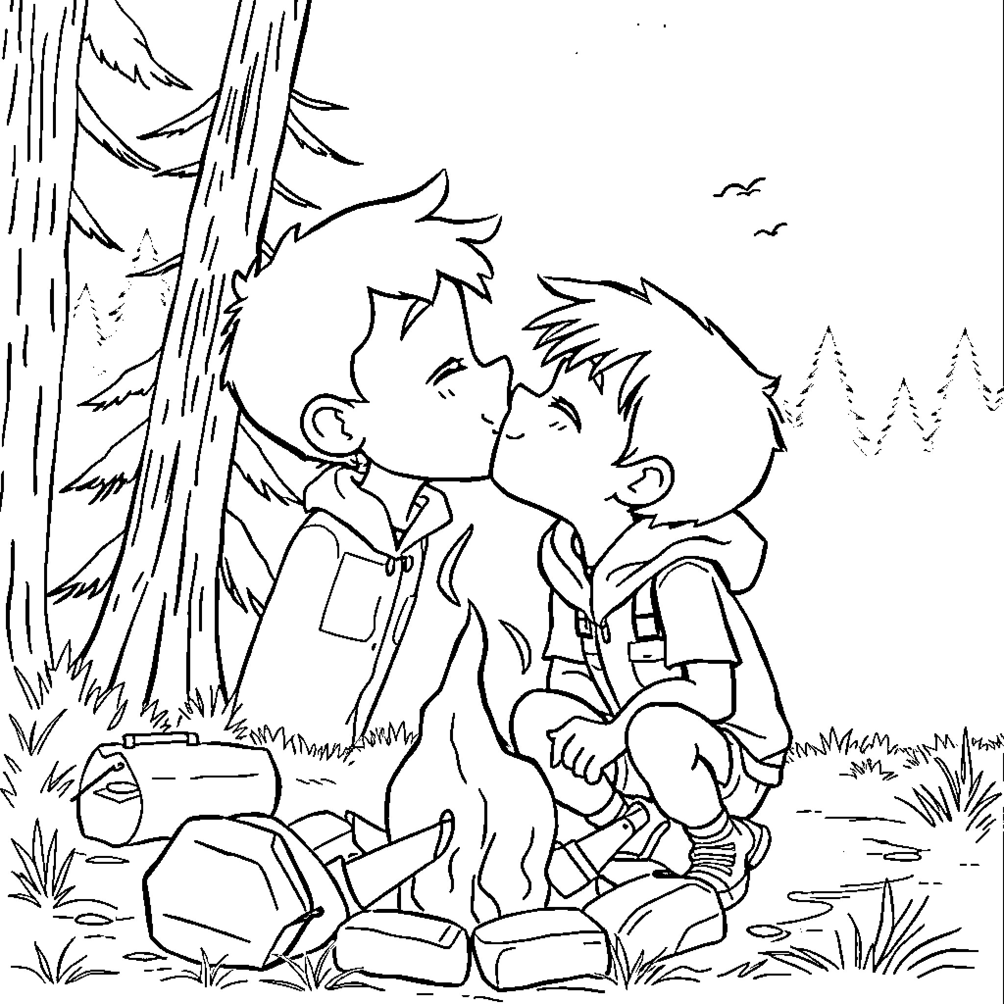 Benji's Outdoor Adventure with Friends Coloring Page (free black-and-white line drawing printable PDF for all, from beginners to advanced learners, including children, teens, adults, and seniors)