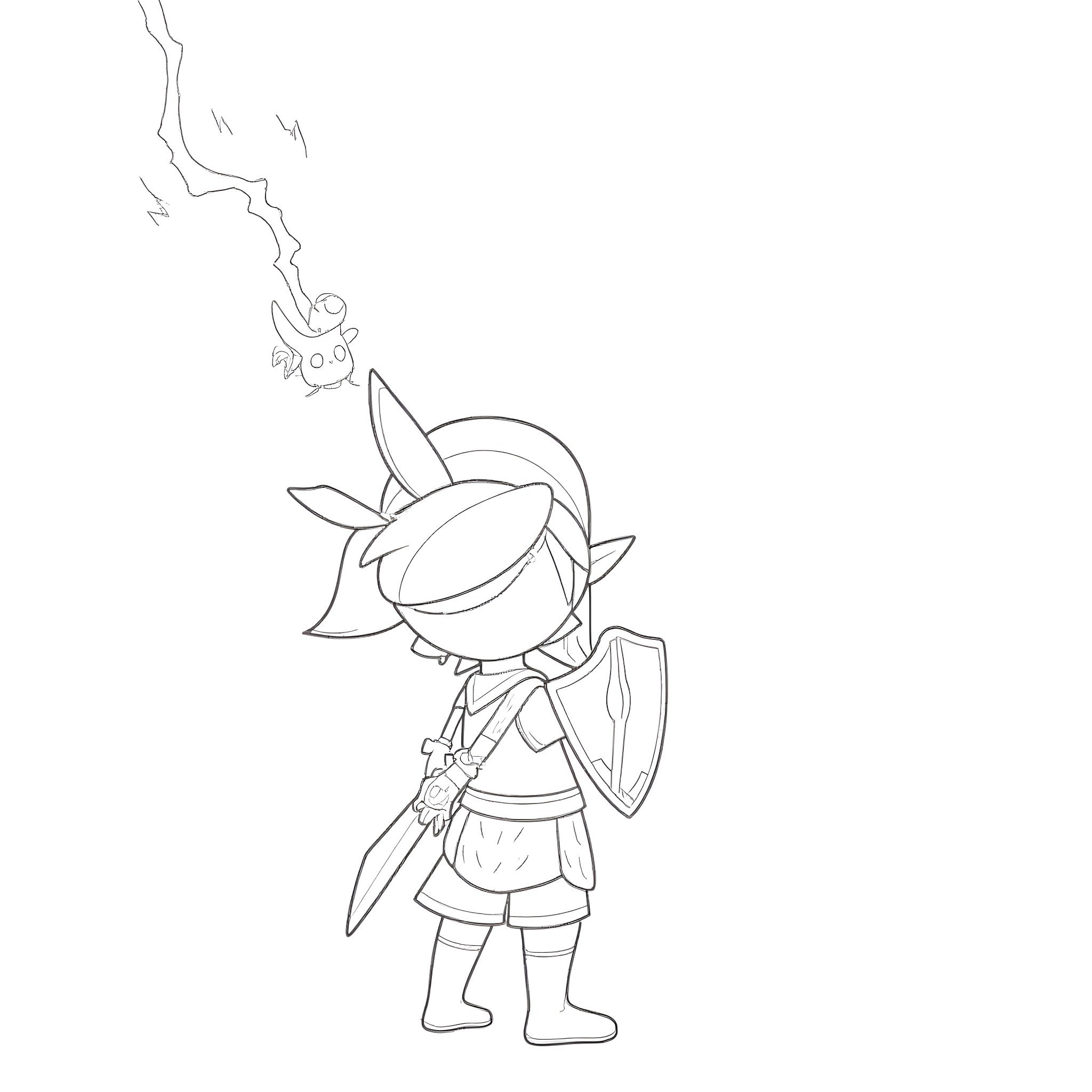 Link wielding sword in action pose Coloring Page (free black-and-white line drawing printable PDF for all, from beginners to advanced learners, including children, teens, adults, and seniors)