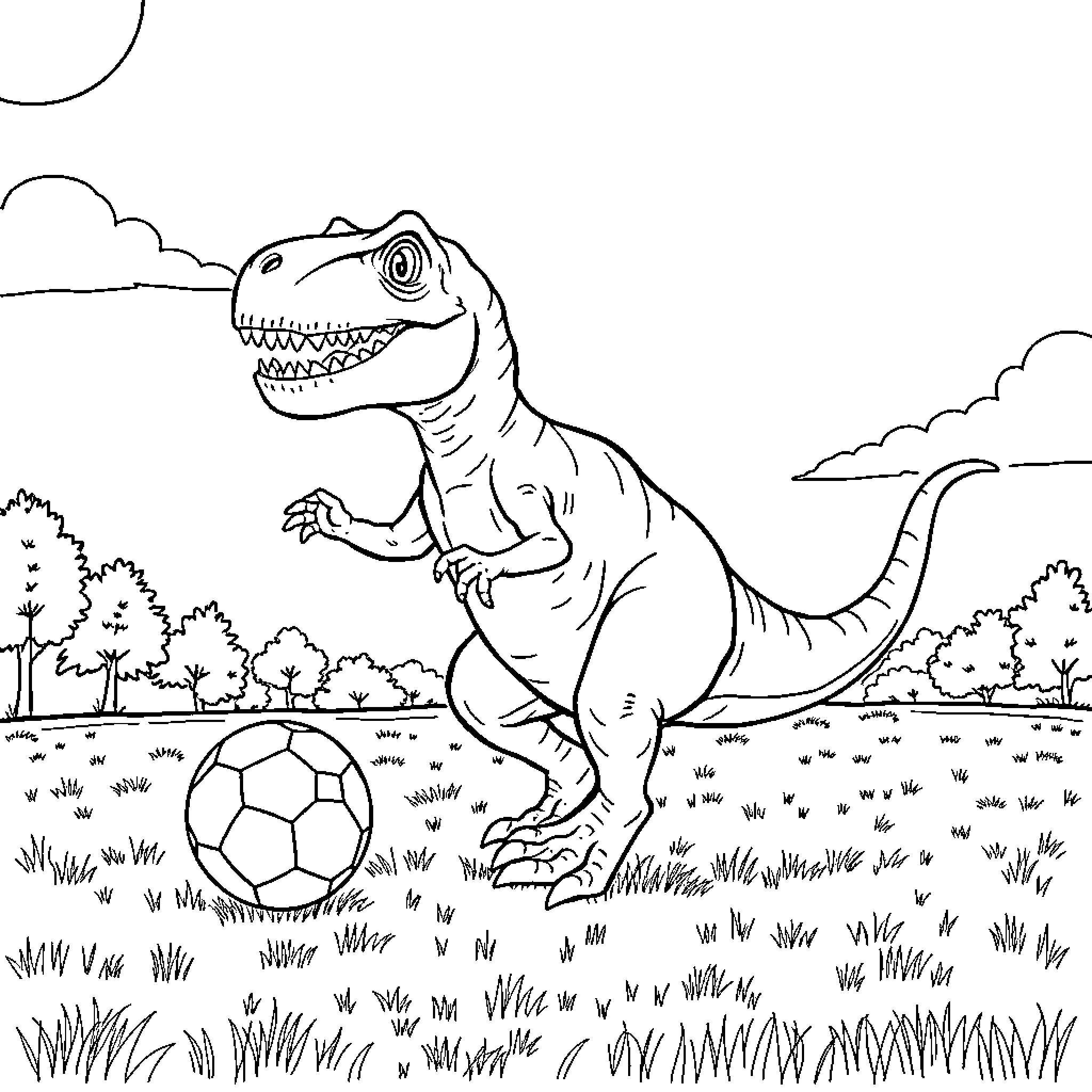 T-Rex playing with soccer ball in the park Coloring Page (free black-and-white line drawing printable PDF for all, from beginners to advanced learners, including children, teens, adults, and seniors)