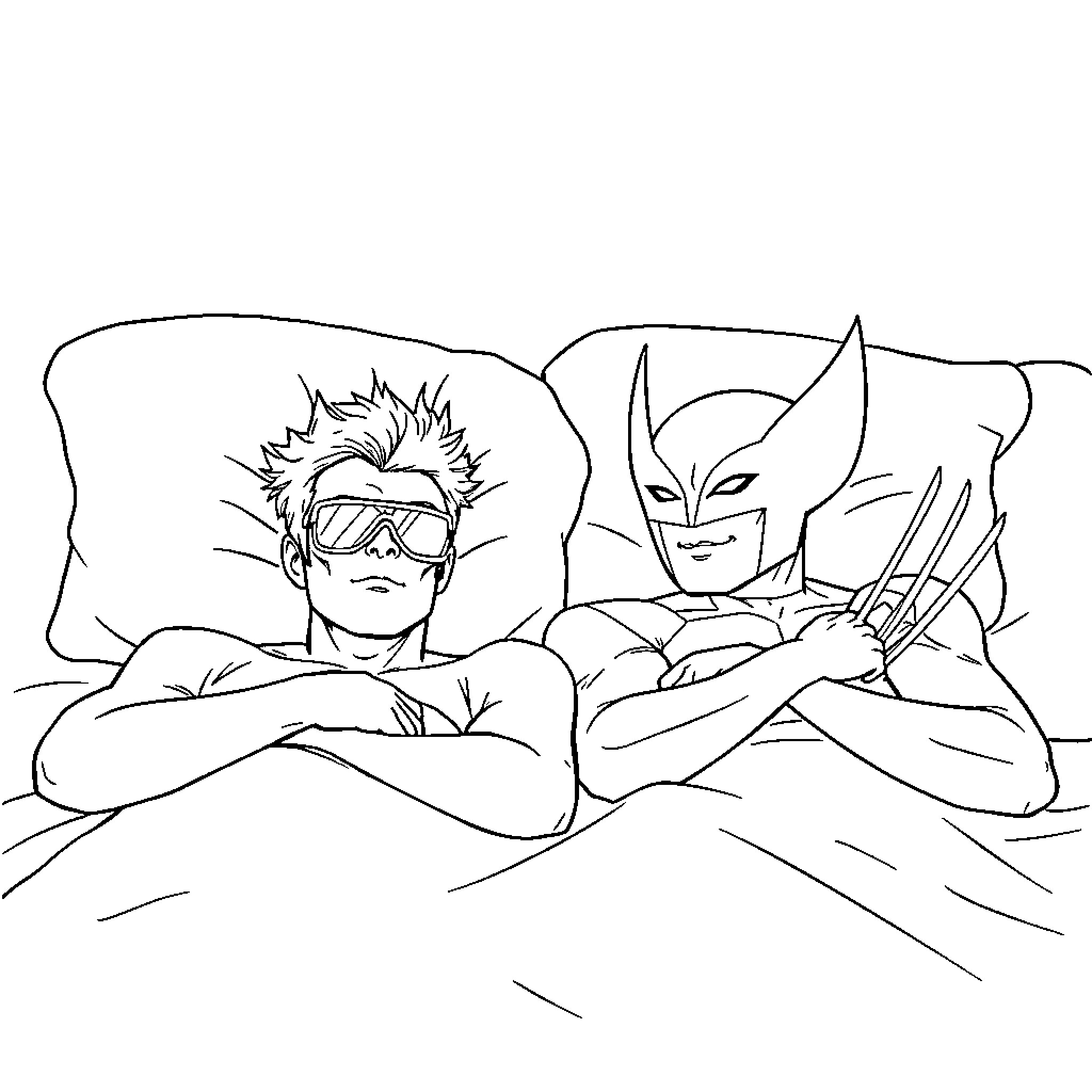 Cyclops Duo Relaxing in Unique Attire Coloring Page (free black-and-white line drawing printable PDF for all, from beginners to advanced learners, including children, teens, adults, and seniors)