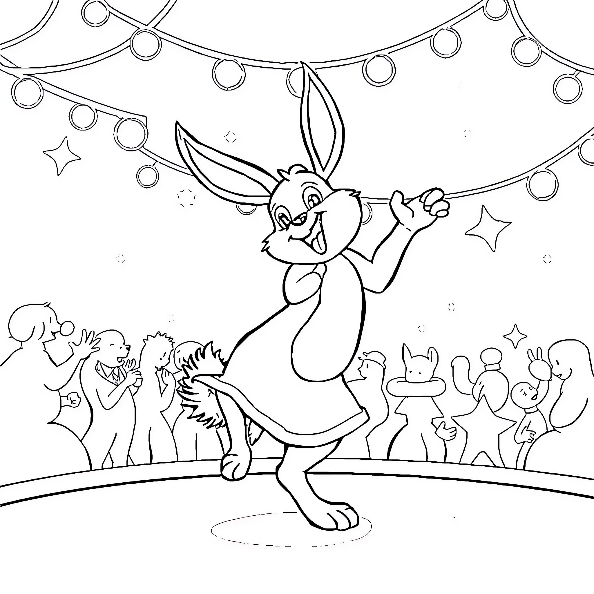 Jax the Rabbit's Festive Performance Coloring Page (free black-and-white line drawing printable PDF for all, from beginners to advanced learners, including children, teens, adults, and seniors)