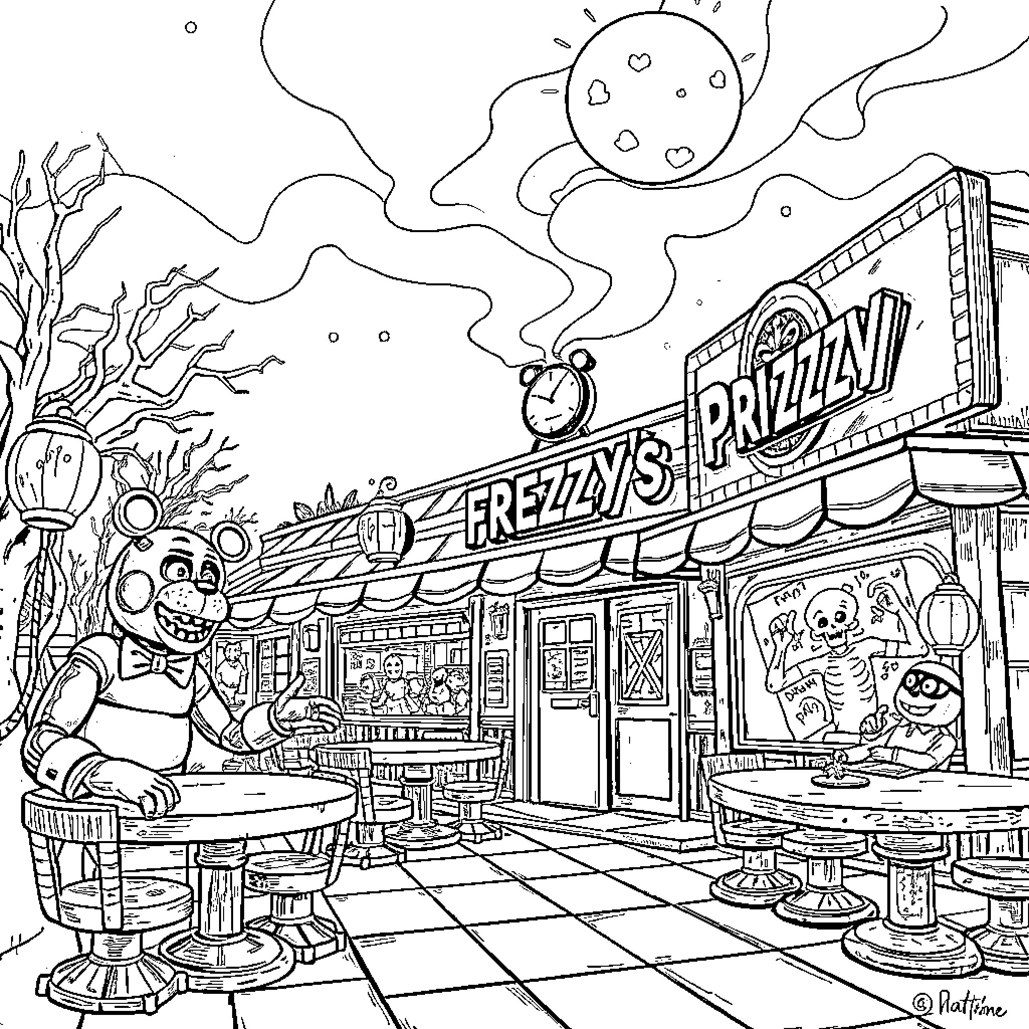 Five Nights At Freddy's: Animatronic Characters at Pizzeria Coloring Page (free black-and-white line drawing printable PDF for all, from beginners to advanced learners, including children, teens, adults, and seniors)