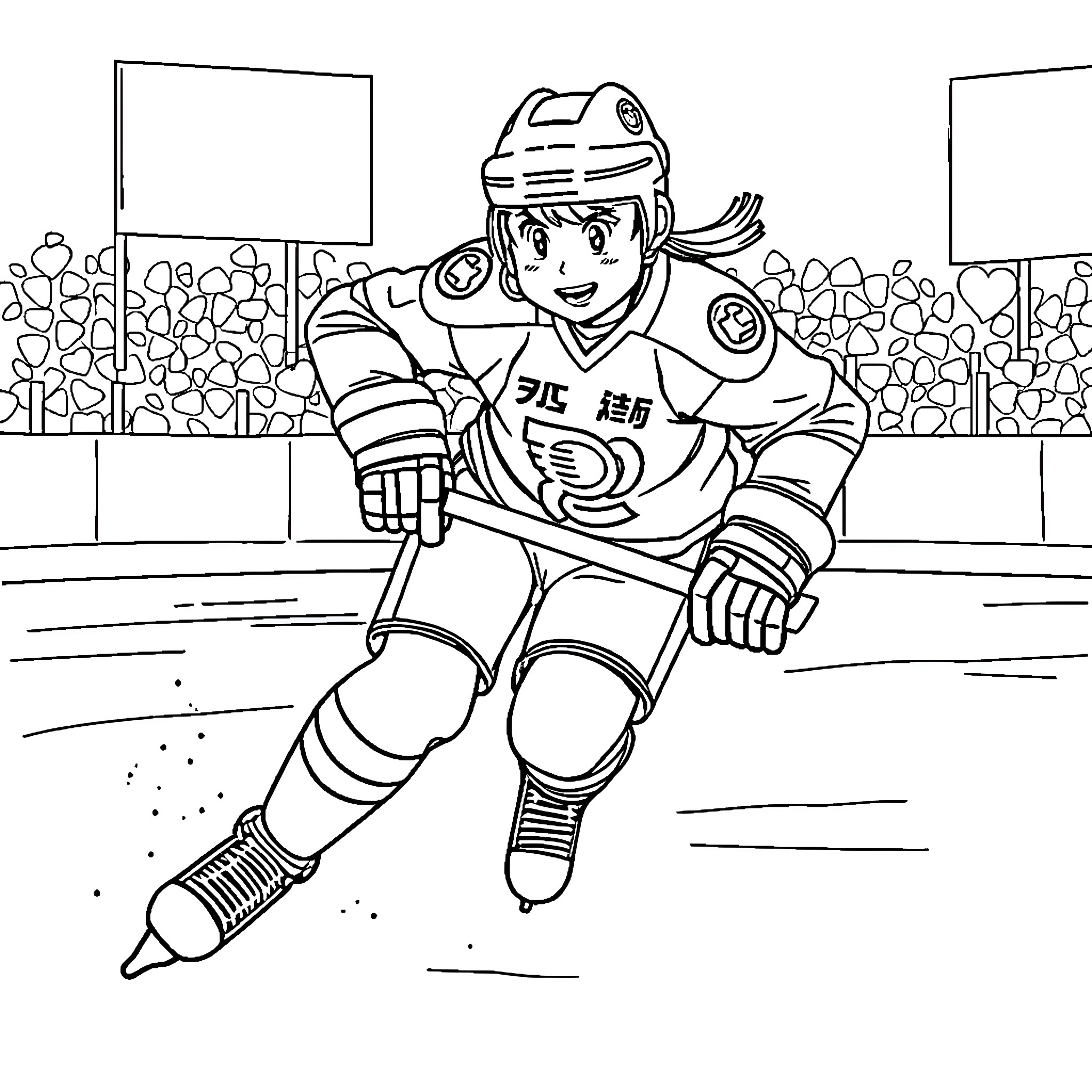 Nezuko playing hockey on the rink Coloring Page (free black-and-white line drawing printable PDF for all, from beginners to advanced learners, including children, teens, adults, and seniors)
