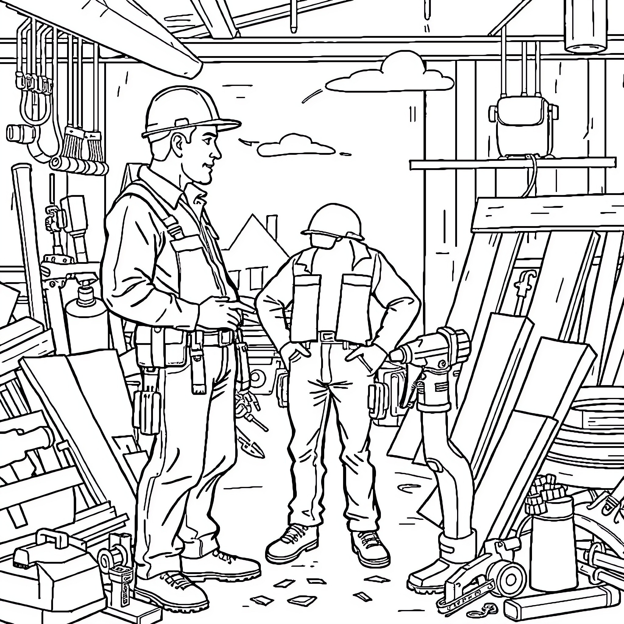 Contractor Workers Discussing Construction Plans Coloring Page (free black-and-white line drawing printable PDF for all, from beginners to advanced learners, including children, teens, adults, and seniors)