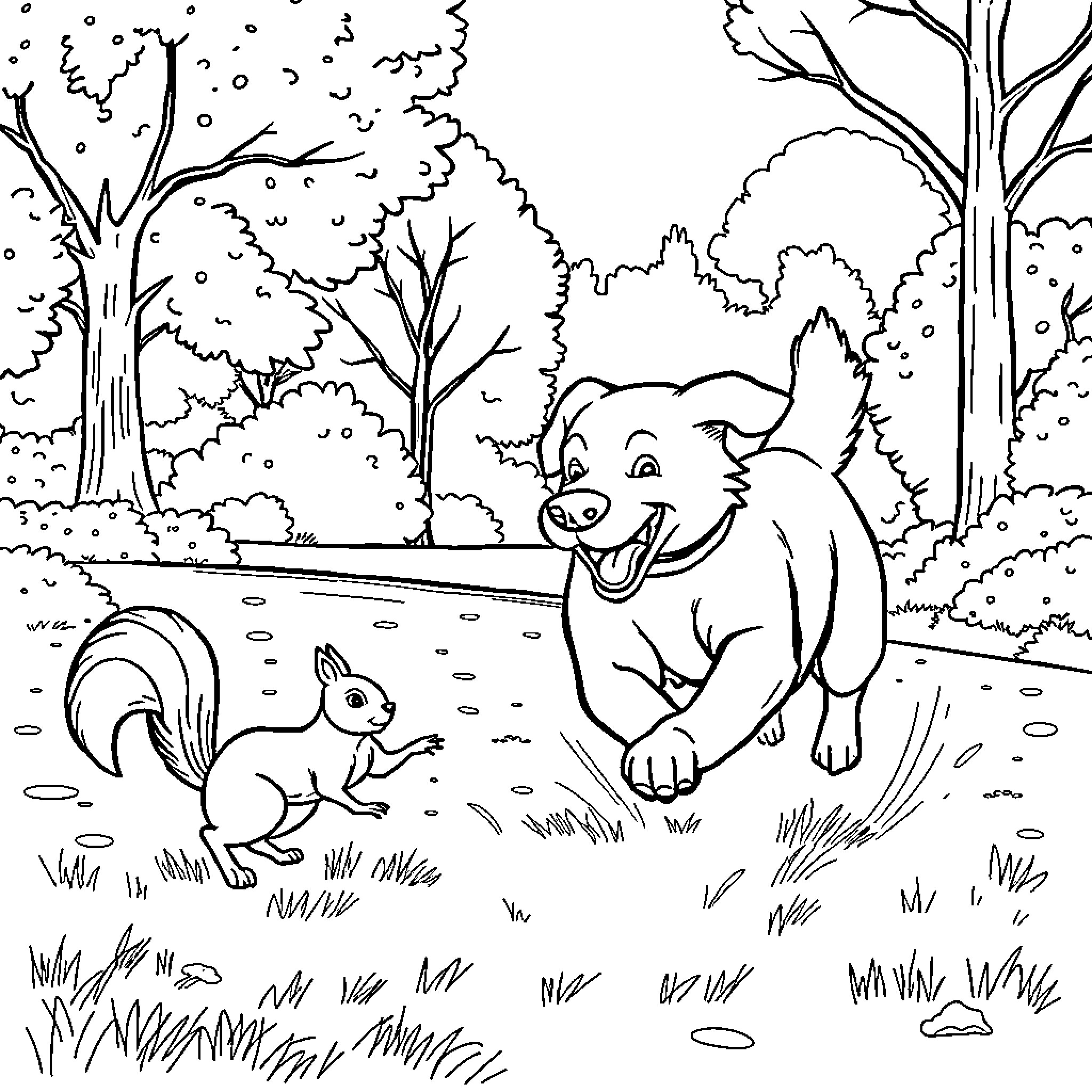 Dog and Squirrel Playing in the Snowy Forest Coloring Page (free black-and-white line drawing printable PDF for all, from beginners to advanced learners, including children, teens, adults, and seniors)