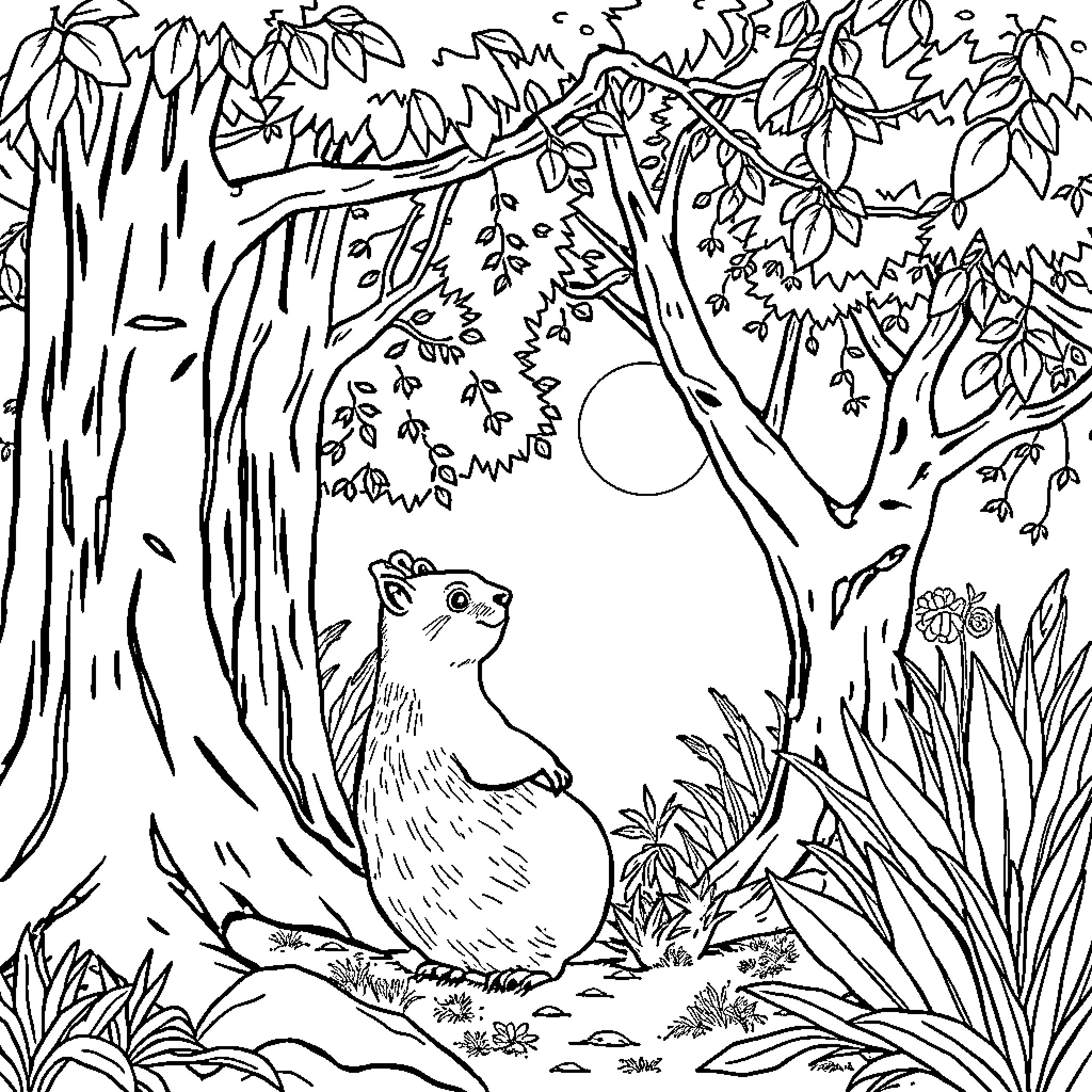 Capybara in a Lush Forest Coloring Page (free black-and-white line drawing printable PDF for all, from beginners to advanced learners, including children, teens, adults, and seniors)