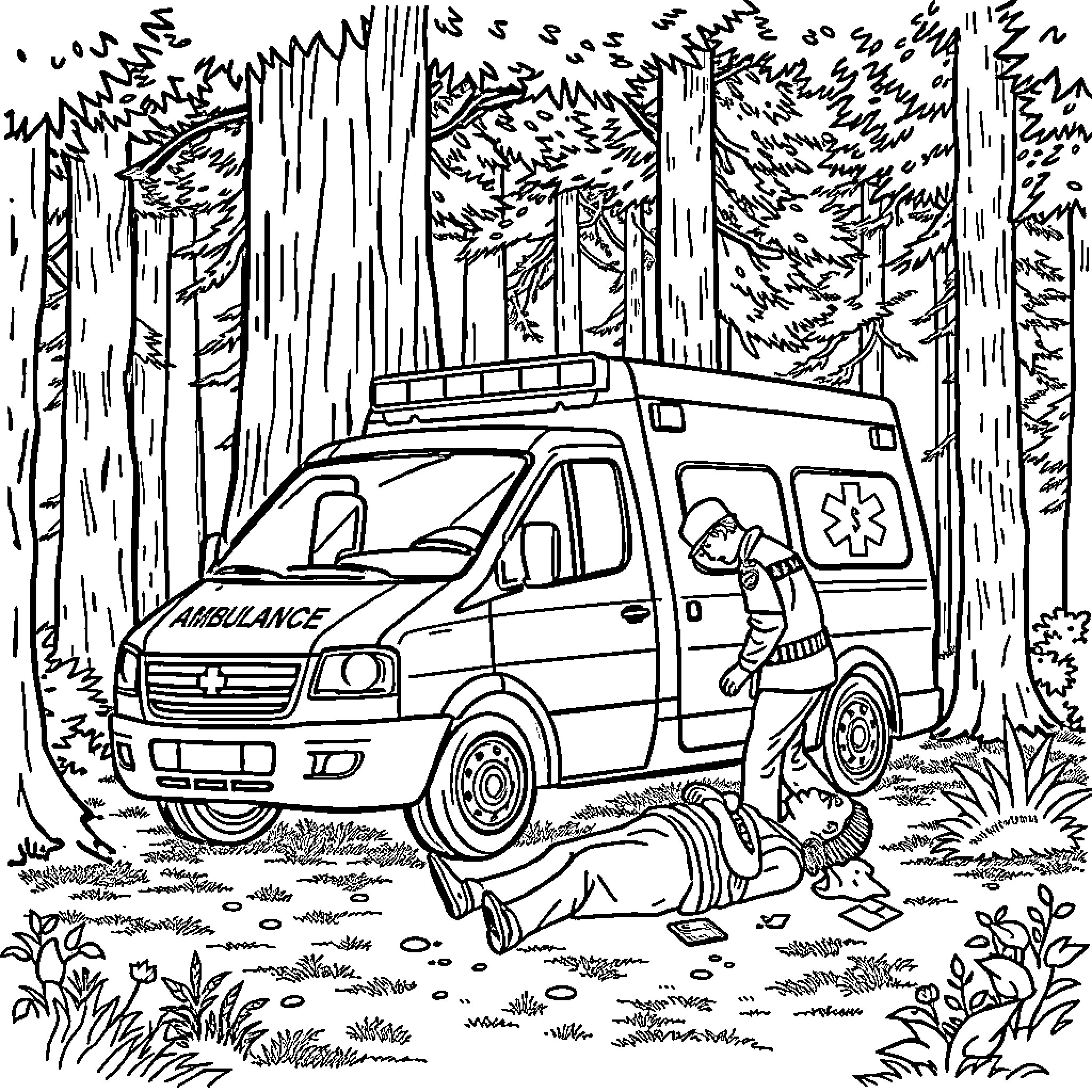 Ambulance Responding to Medical Emergency in Forest Coloring Page (free black-and-white line drawing printable PDF for all, from beginners to advanced learners, including children, teens, adults, and seniors)