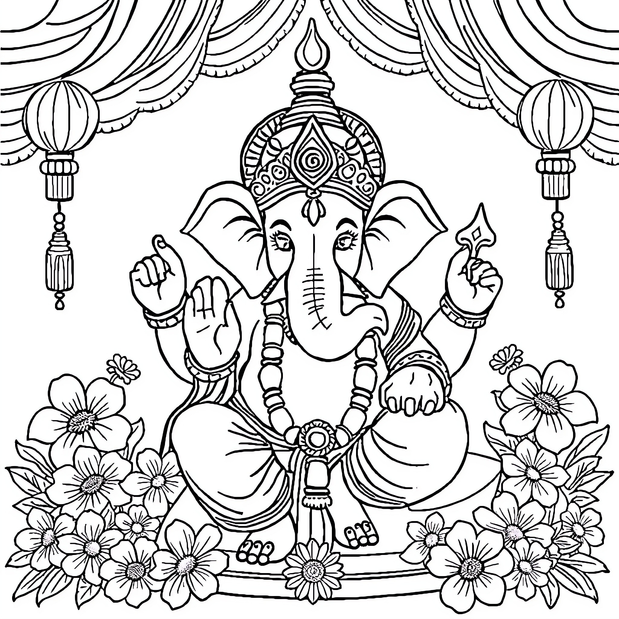 Ganpati Seated Amidst Decorative Flowers and Ornaments Coloring Page (free black-and-white line drawing printable PDF for all, from beginners to advanced learners, including children, teens, adults, and seniors)