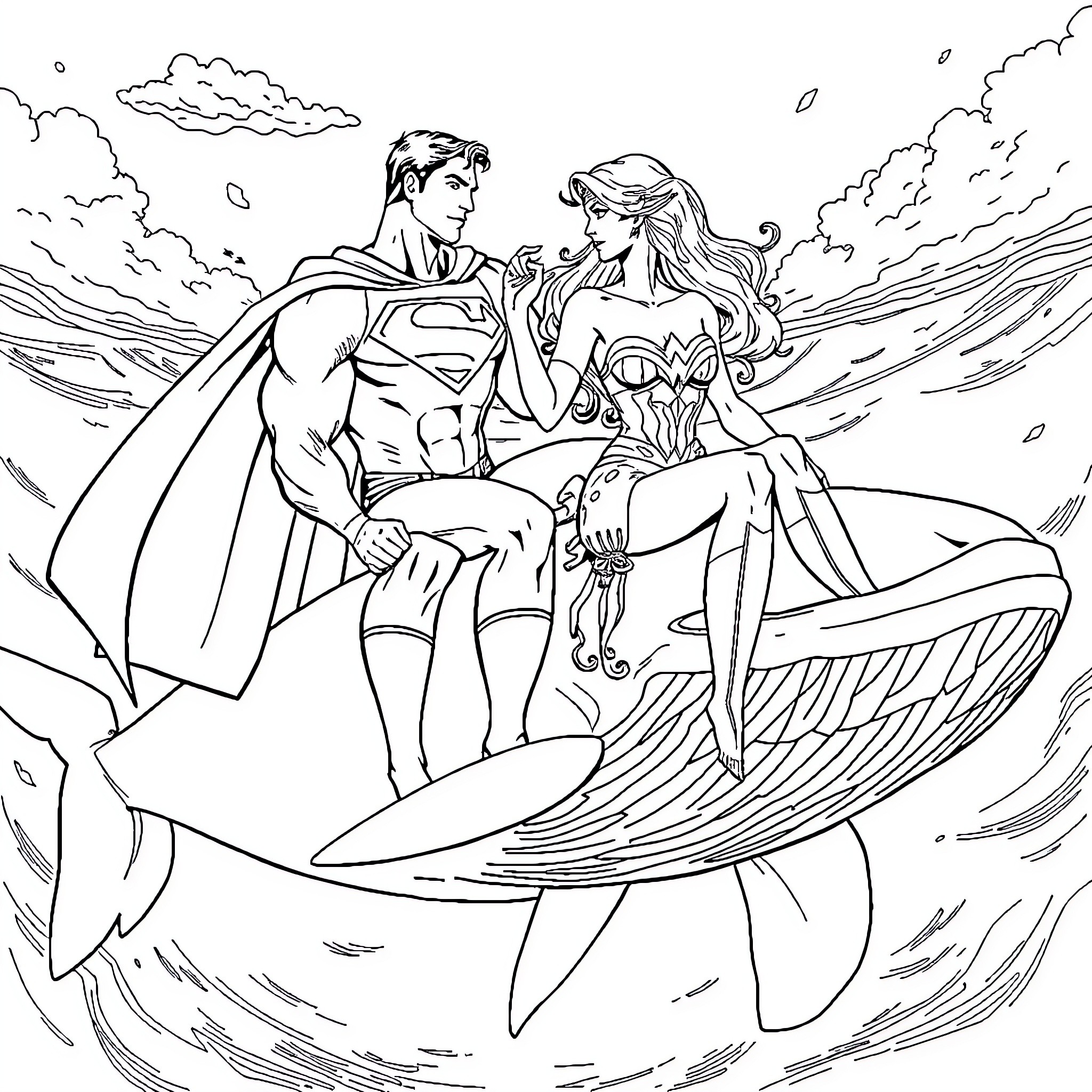 Superman and Wonder Woman Soaring Through the Skies Coloring Page (free black-and-white line drawing printable PDF for all, from beginners to advanced learners, including children, teens, adults, and seniors)