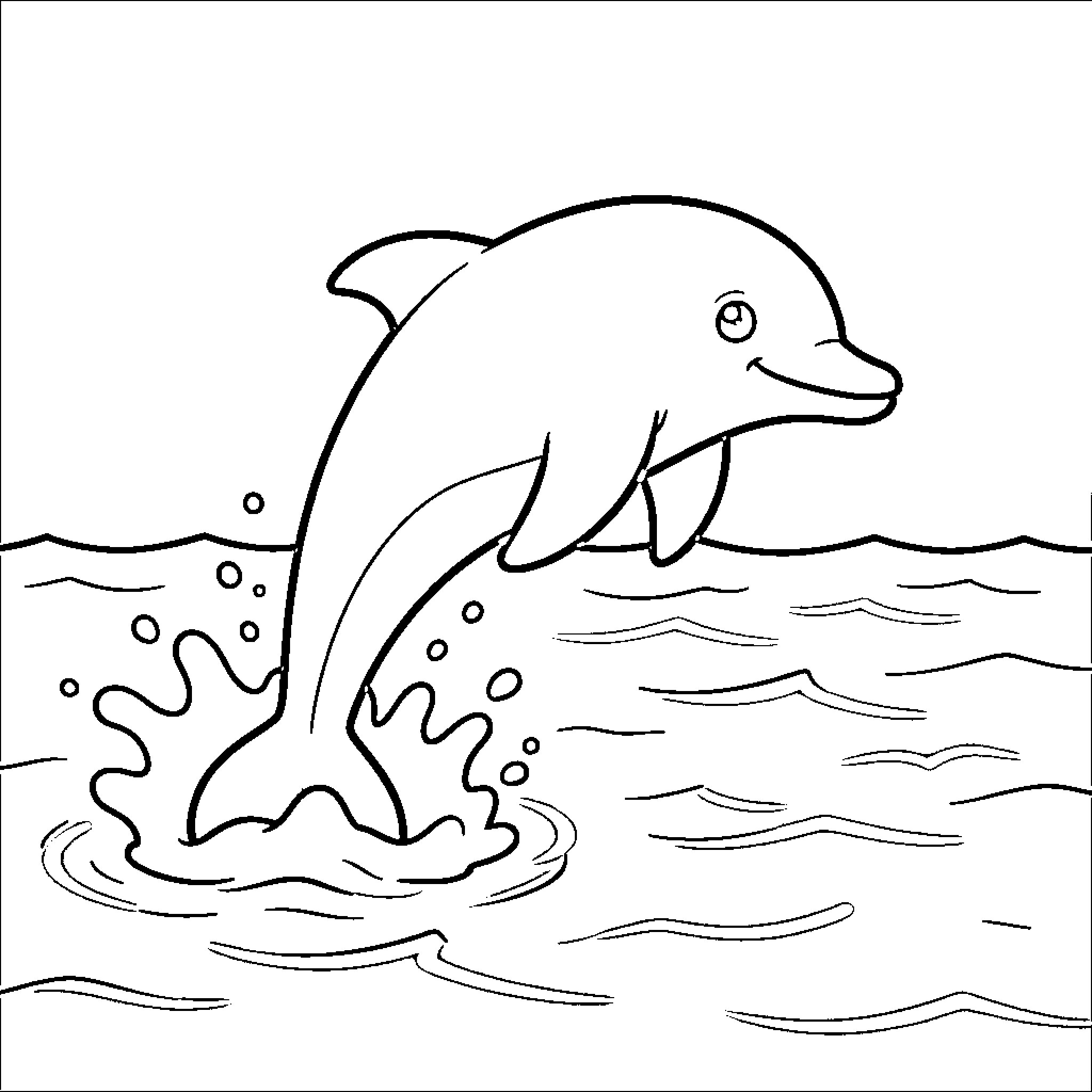Dolphin jumping playfully in the ocean Coloring Page (free black-and-white line drawing printable PDF for all, from beginners to advanced learners, including children, teens, adults, and seniors)