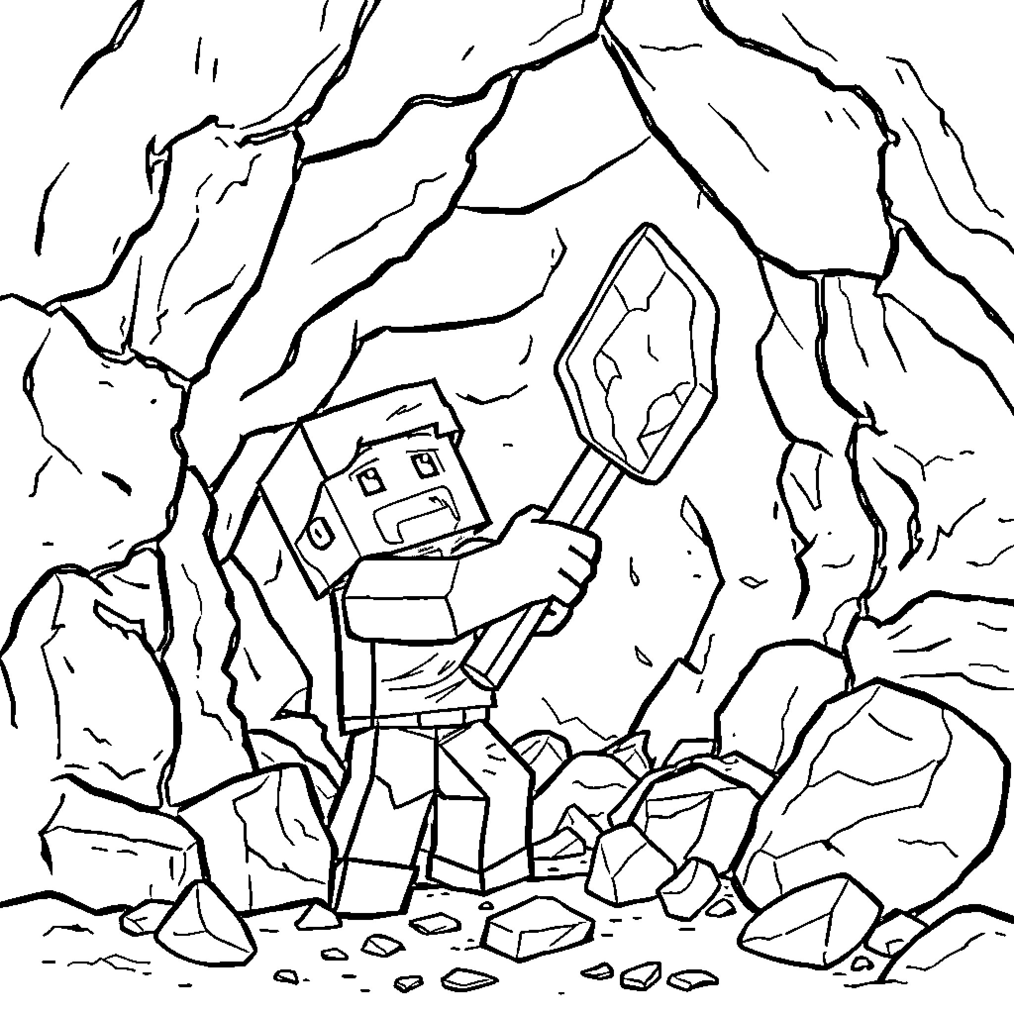 Steve exploring a cave filled with rocks and gems Coloring Page (free black-and-white line drawing printable PDF for all, from beginners to advanced learners, including children, teens, adults, and seniors)