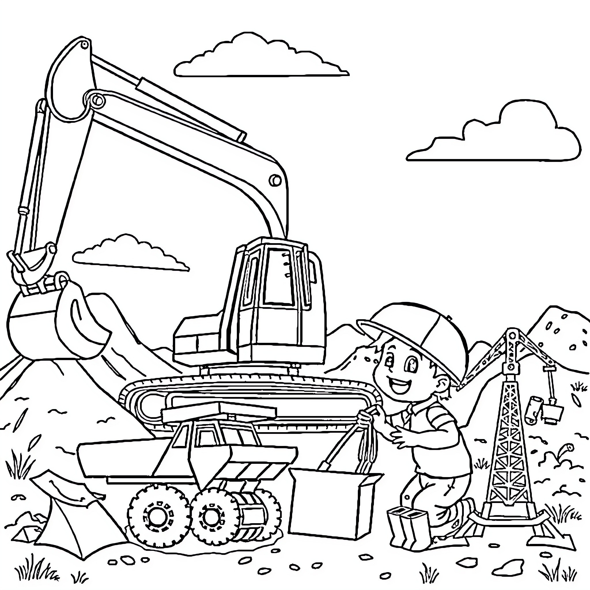 Excavator operating in construction site with worker Coloring Page (free black-and-white line drawing printable PDF for all, from beginners to advanced learners, including children, teens, adults, and seniors)