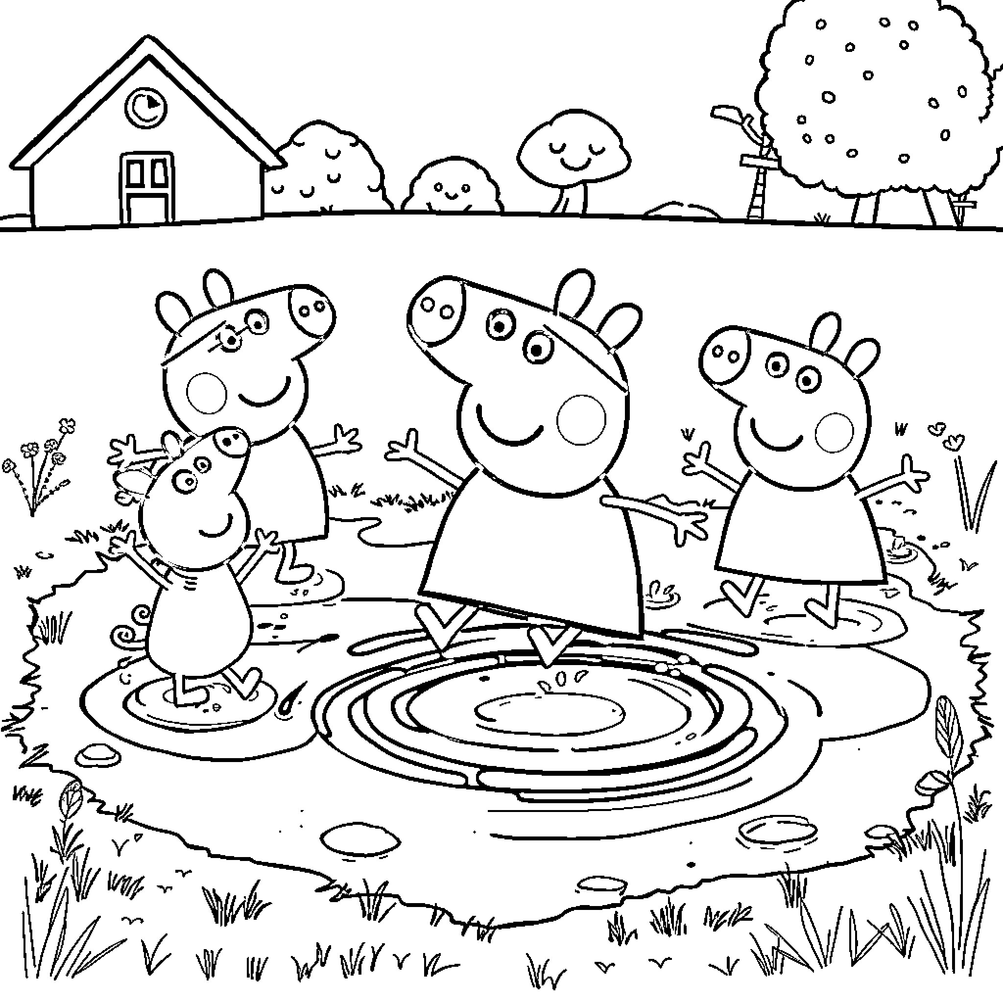 Peppa Pig and family playing in the puddle Coloring Page (free black-and-white line drawing printable PDF for all, from beginners to advanced learners, including children, teens, adults, and seniors)