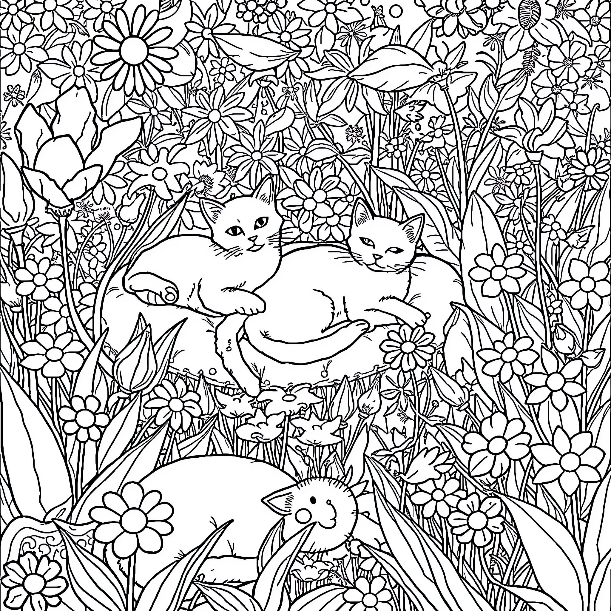 Cats Resting in Floral Garden Coloring Page (free black-and-white line drawing printable PDF for all, from beginners to advanced learners, including children, teens, adults, and seniors)