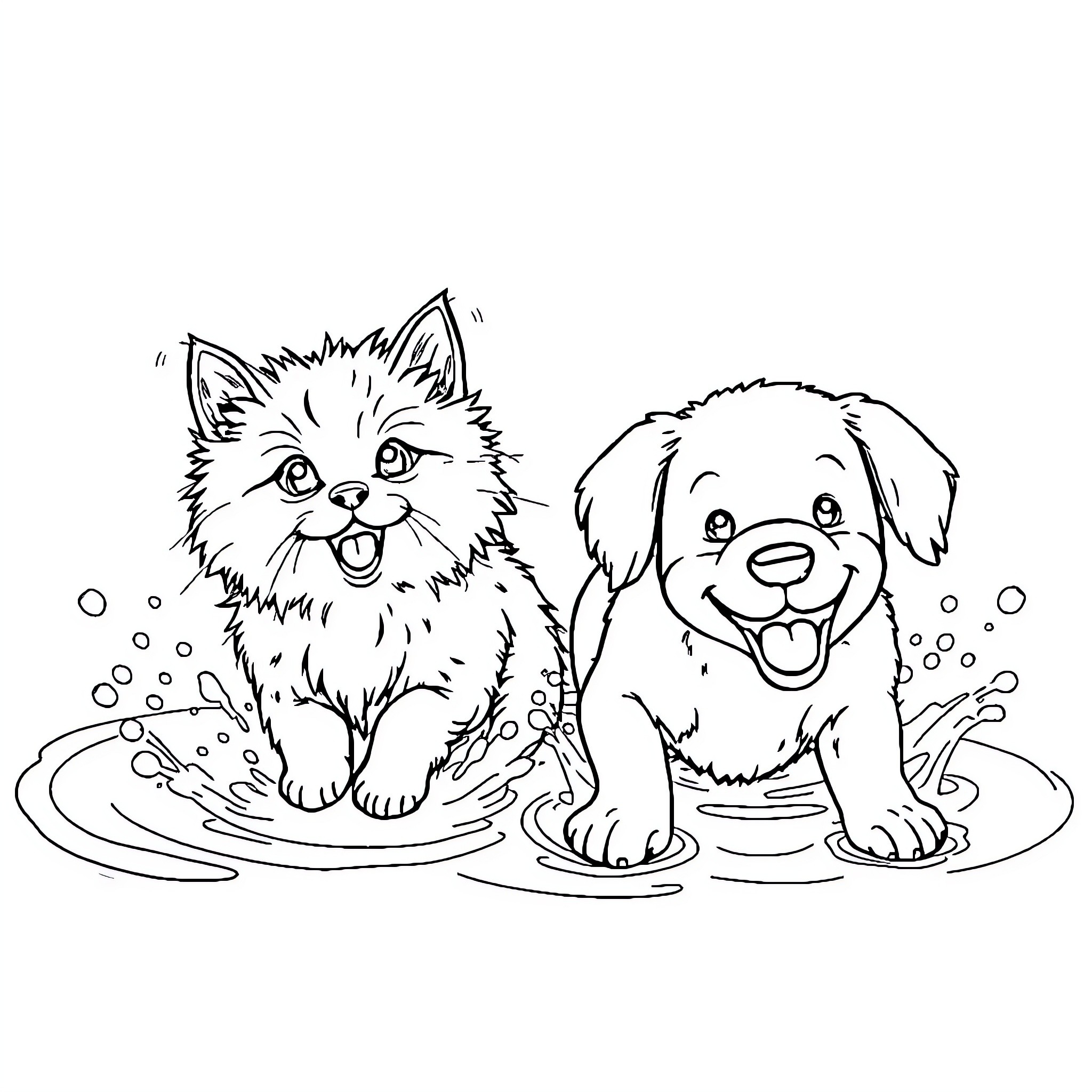 Cat and Puppy Playing Together in Water Coloring Page (free black-and-white line drawing printable PDF for all, from beginners to advanced learners, including children, teens, adults, and seniors)