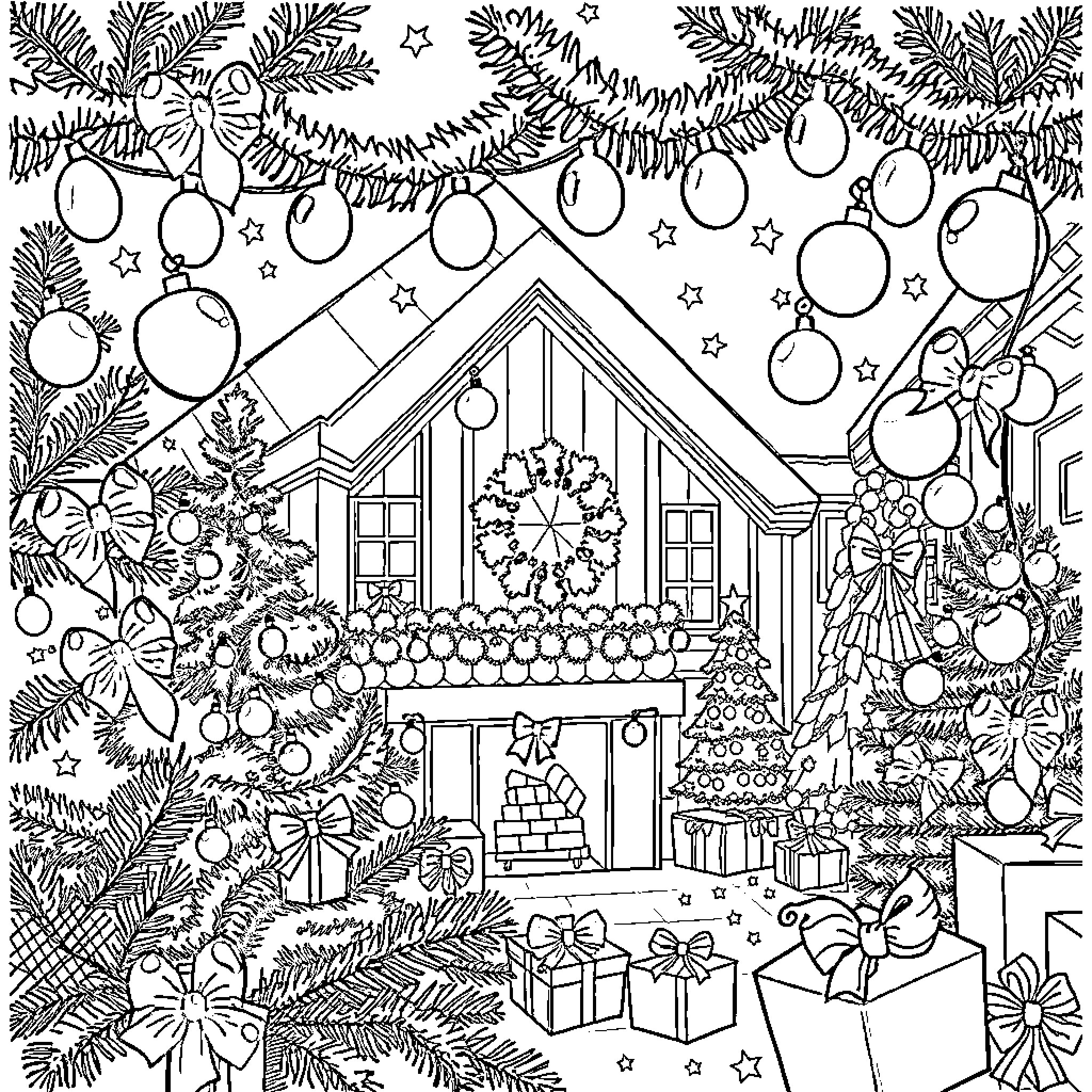 Christmas decorations and a cozy winter cottage Coloring Page (free black-and-white line drawing printable PDF for all, from beginners to advanced learners, including children, teens, adults, and seniors)